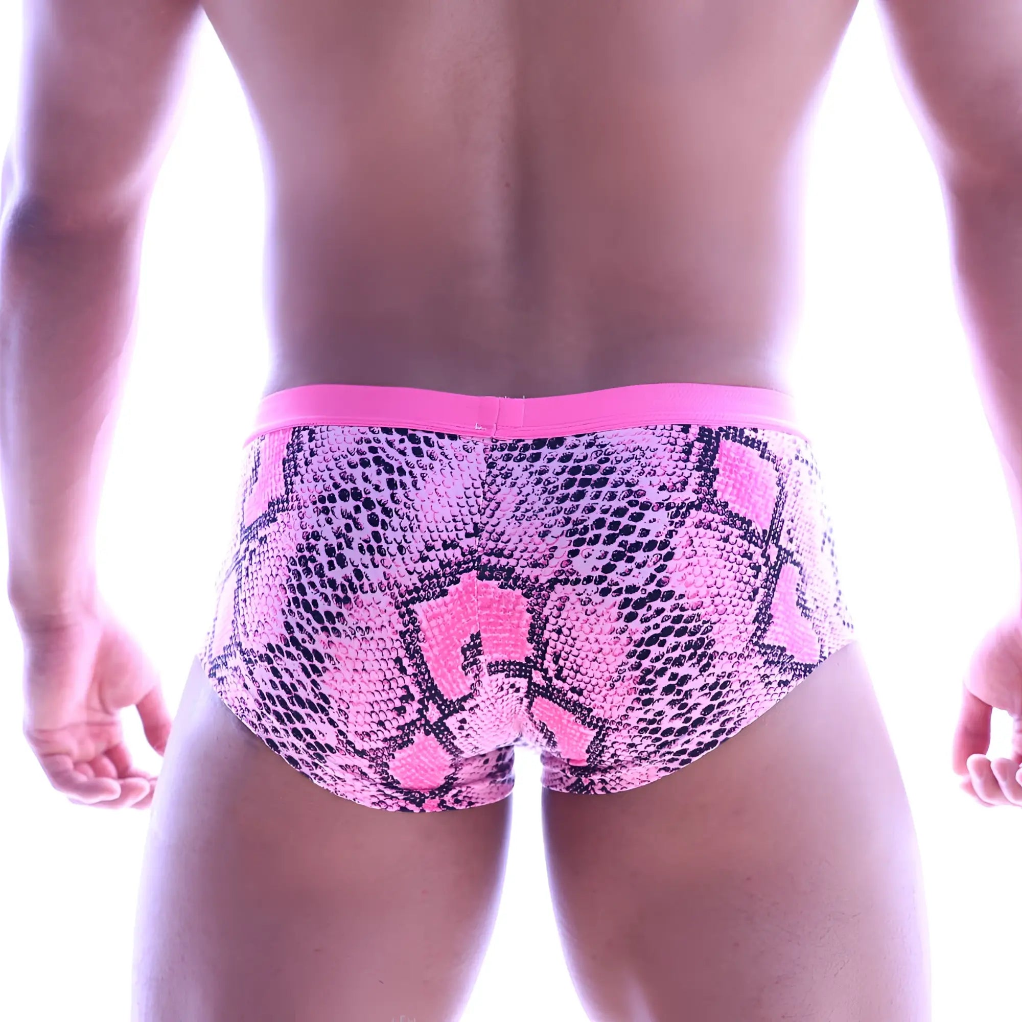 Pink snake-print cotton pouch boxer with bright pink waistband from MetroMaleWear for comfortable everyday wear