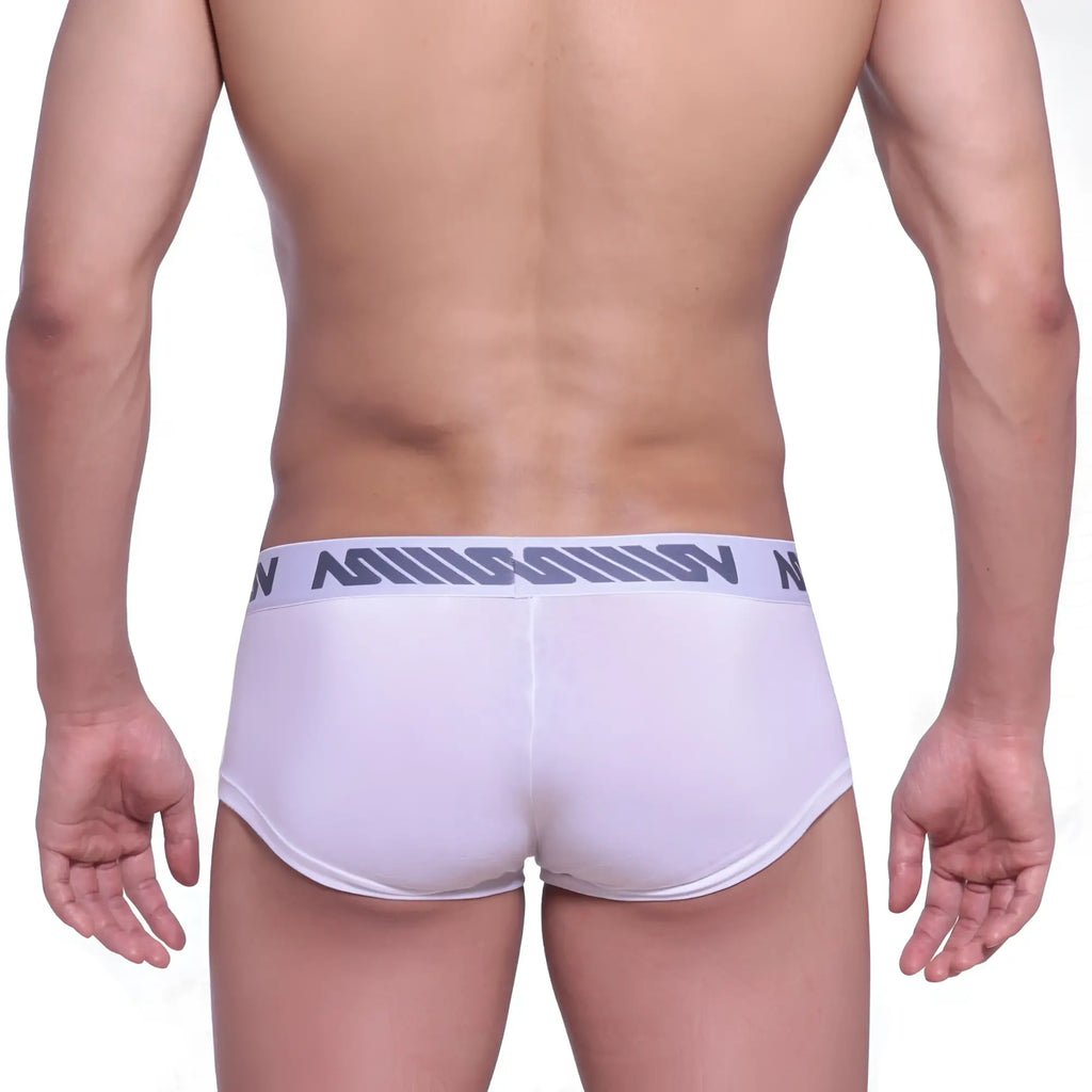 MetroMaleWear cotton pouch white boxer briefs with gray milsom elastic waistband in bold repeating lettering