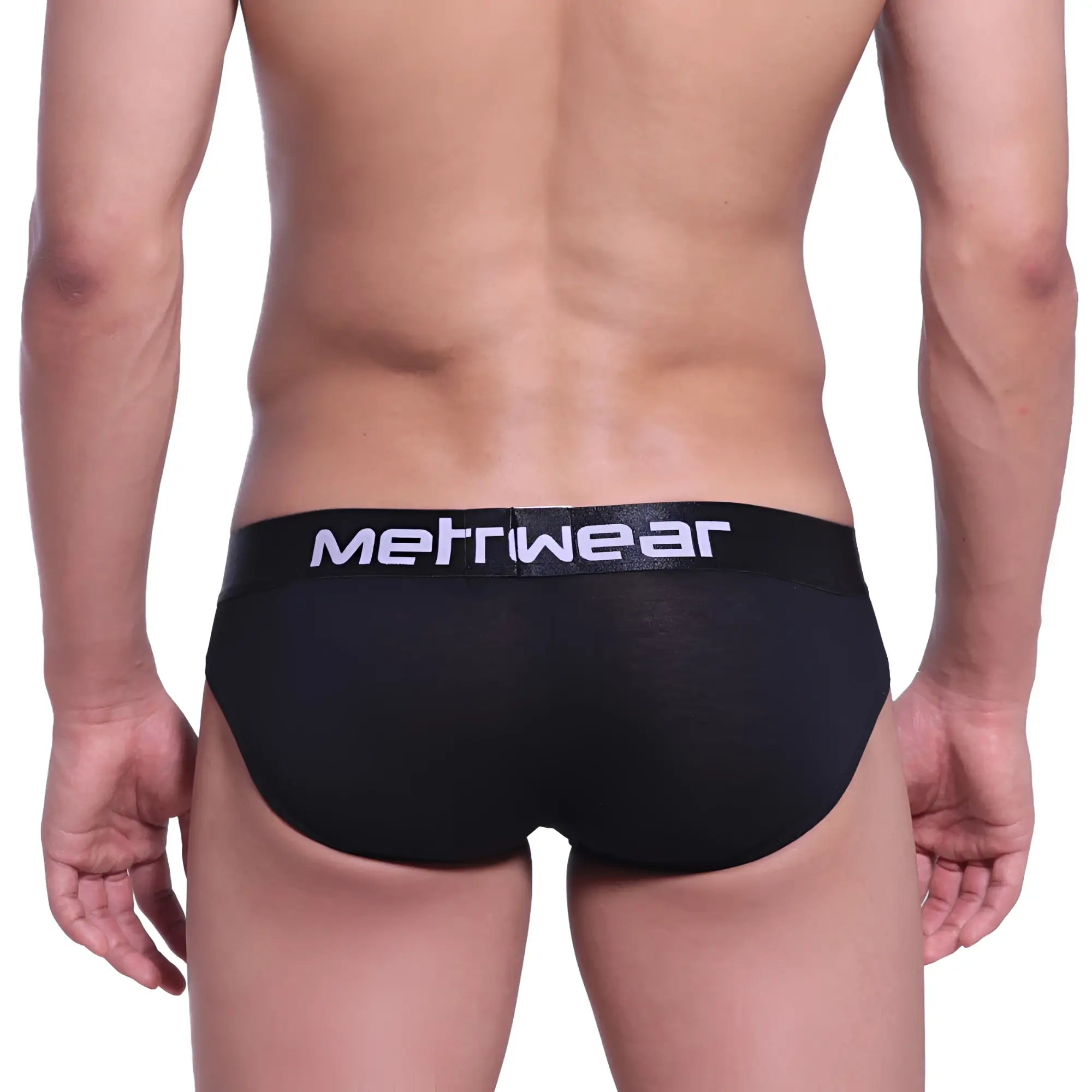 Black metriwear cotton pouch hip brief with white logo on waistband for comfortable daily wear