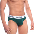 MetroMalewear cotton pouch hip briefs in pine green with white waistband and gray geometric logo pattern