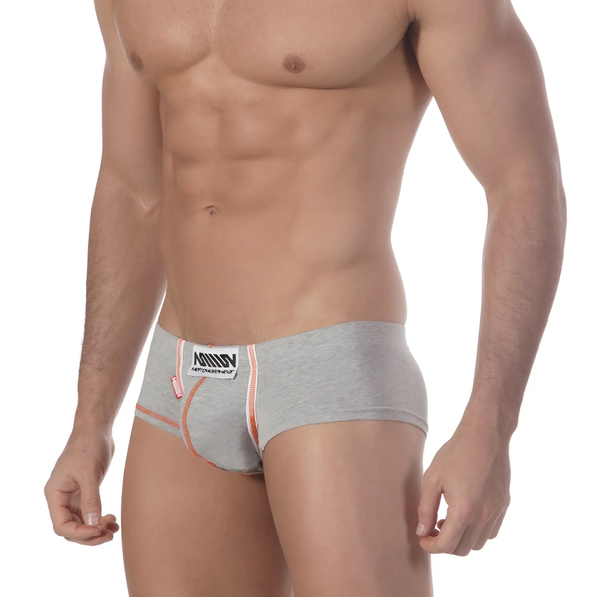 Metro male wear cotton punto grey heathered briefs with orange trim and nomad label in front view