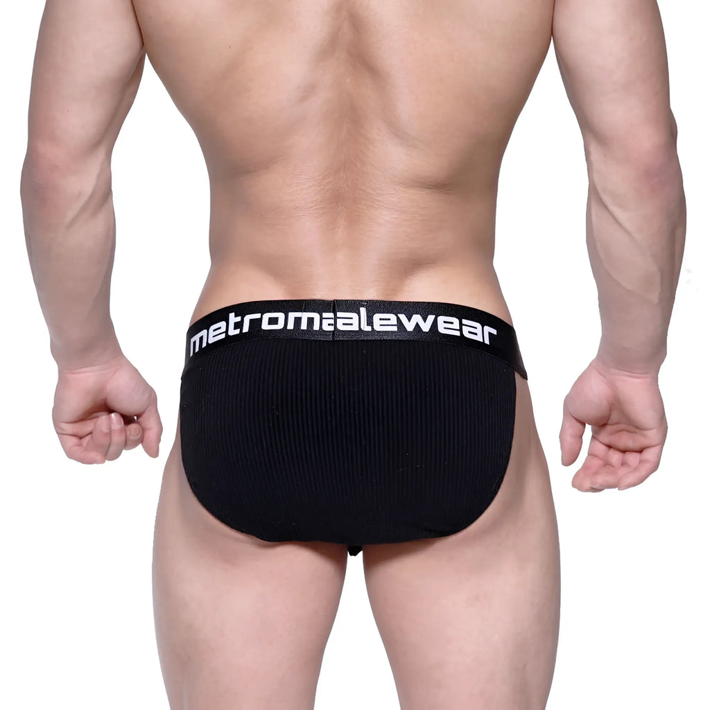 Black cotton ribbed briefs with metromalewear logo waistband metrosexual rib bulge bikini 3004-b20