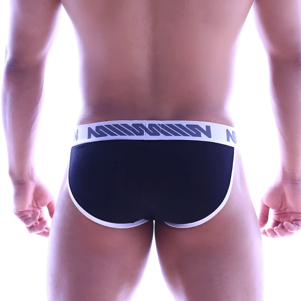 Black cotton ribbed athletic briefs with white elastic waistband and dark blue logo pattern metro malewear 3004-52
