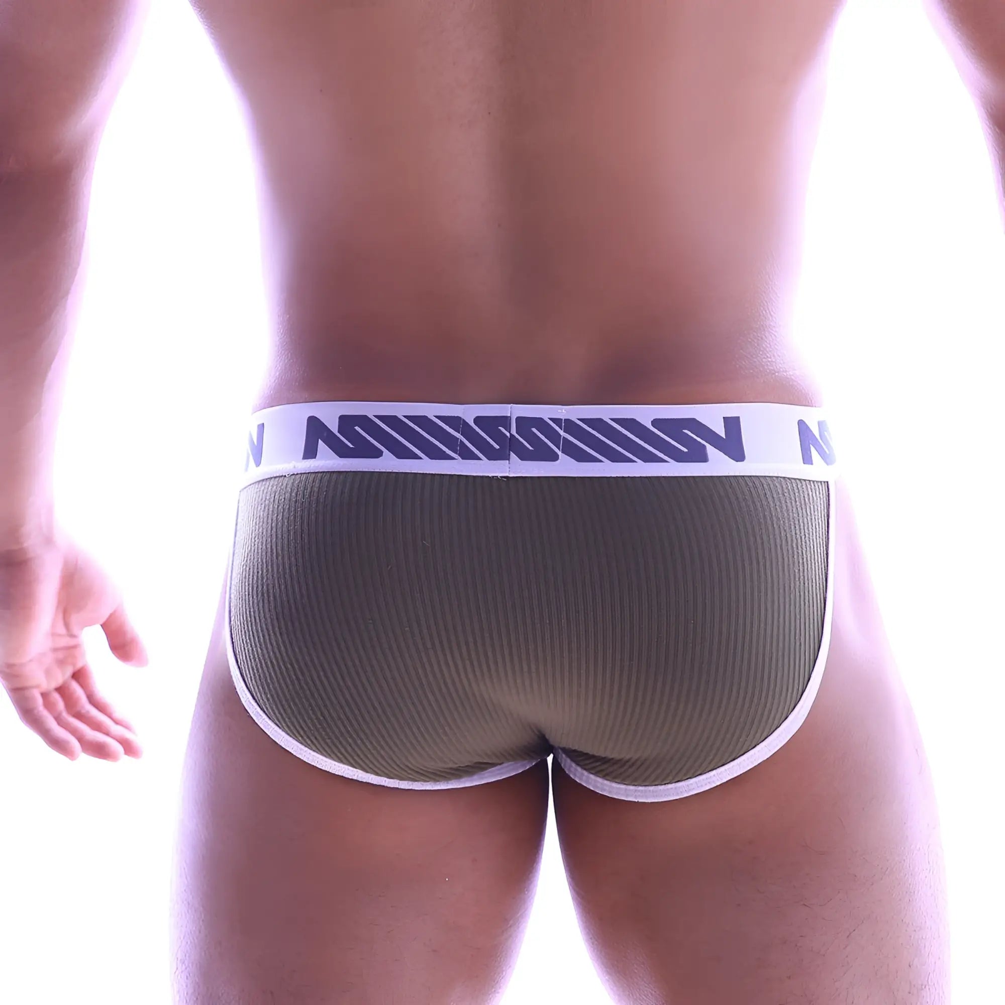 Metro male wear cotton ribbed khaki bikini brief with white trim and navy mission waistband for men
