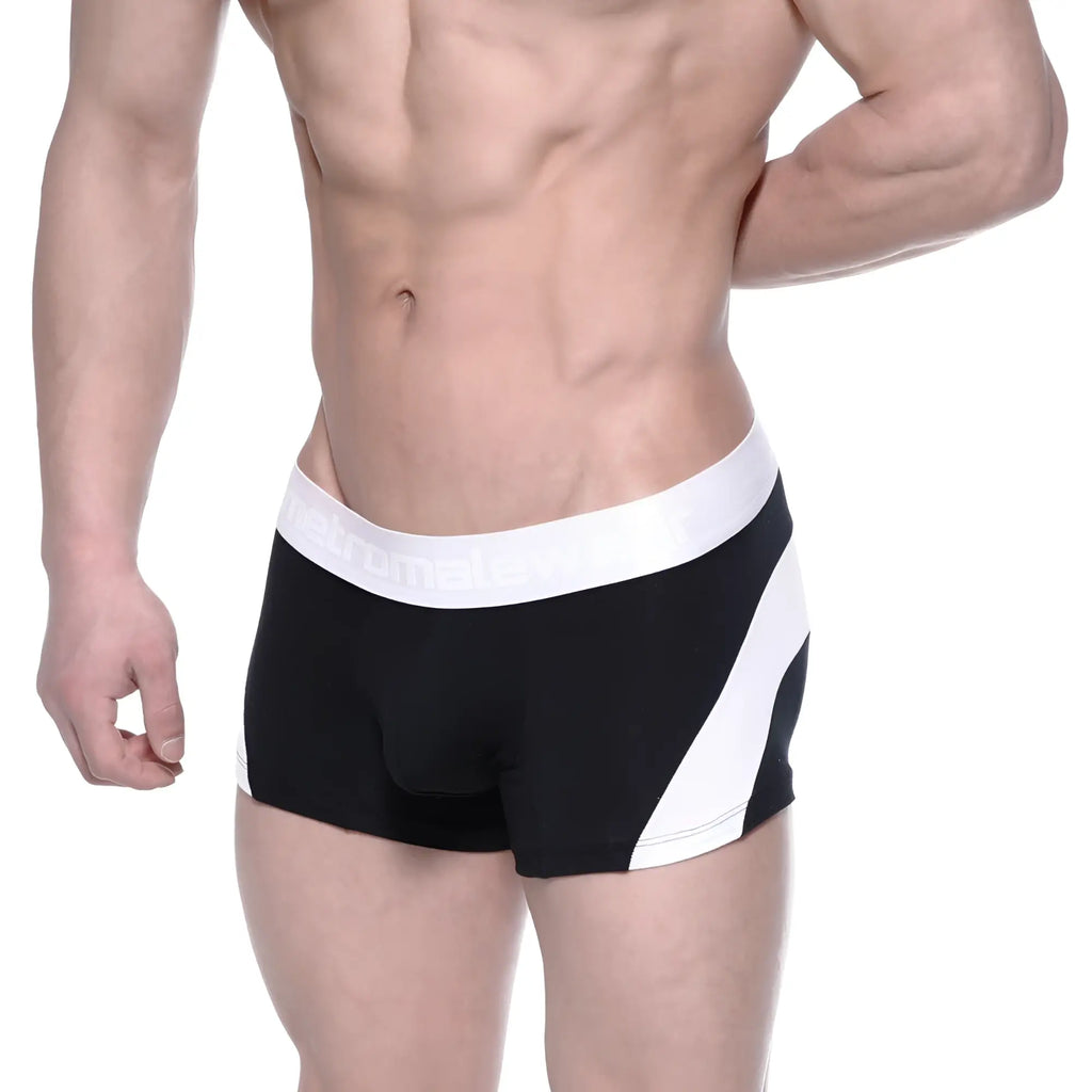 Metro male wear cotton short boxer arc 7 inch black and white athletic briefs with bold diagonal stripe design