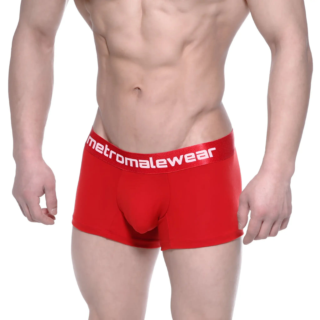 Red men’s cotton short boxer briefs crimson with white metromalewear logo on elastic waistband front view