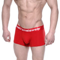 Red men’s cotton short boxer briefs crimson with white metromalewear logo on elastic waistband front view