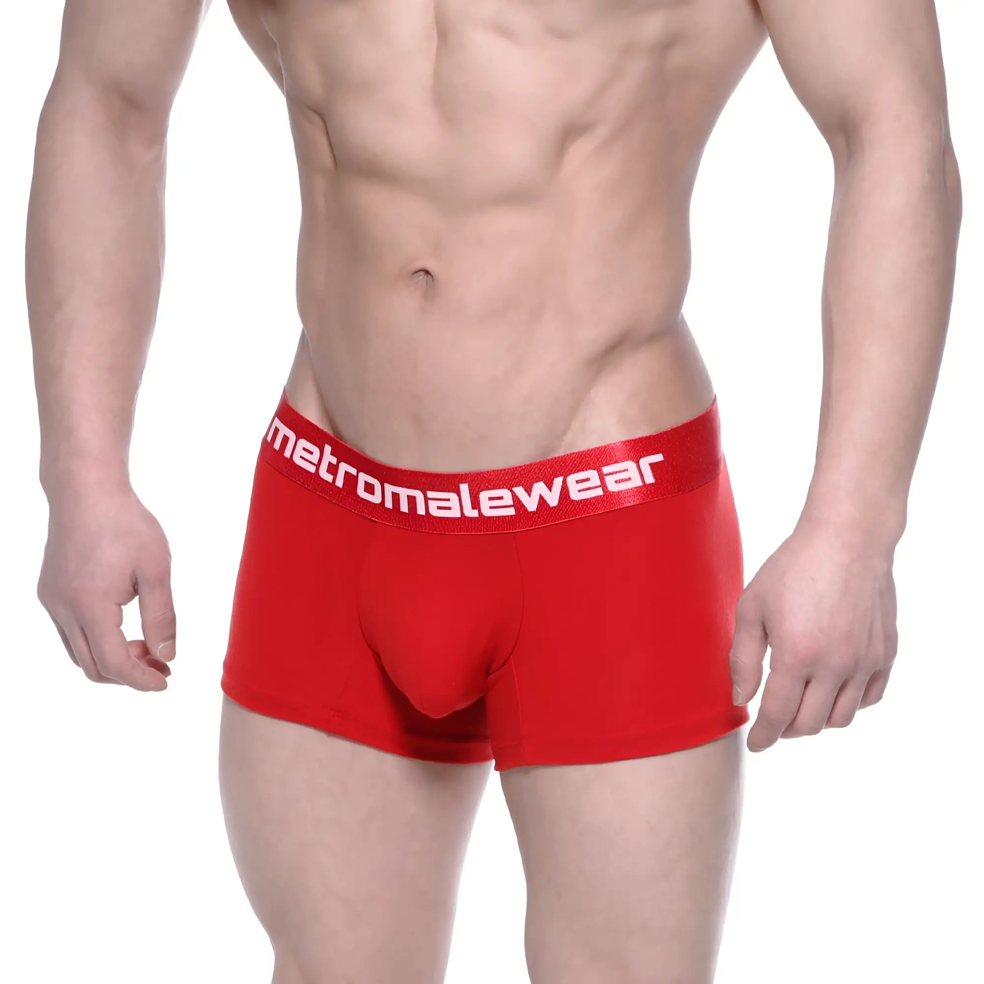 Red men’s cotton short boxer briefs crimson with white metromalewear logo on elastic waistband front view