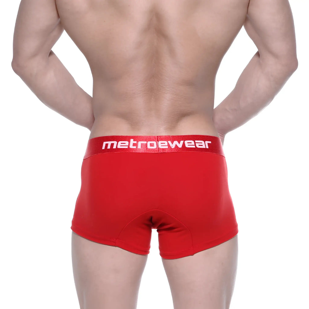 Red metrowear cotton short boxer briefs in crimson with 7 inch inseam and white logo waistband
