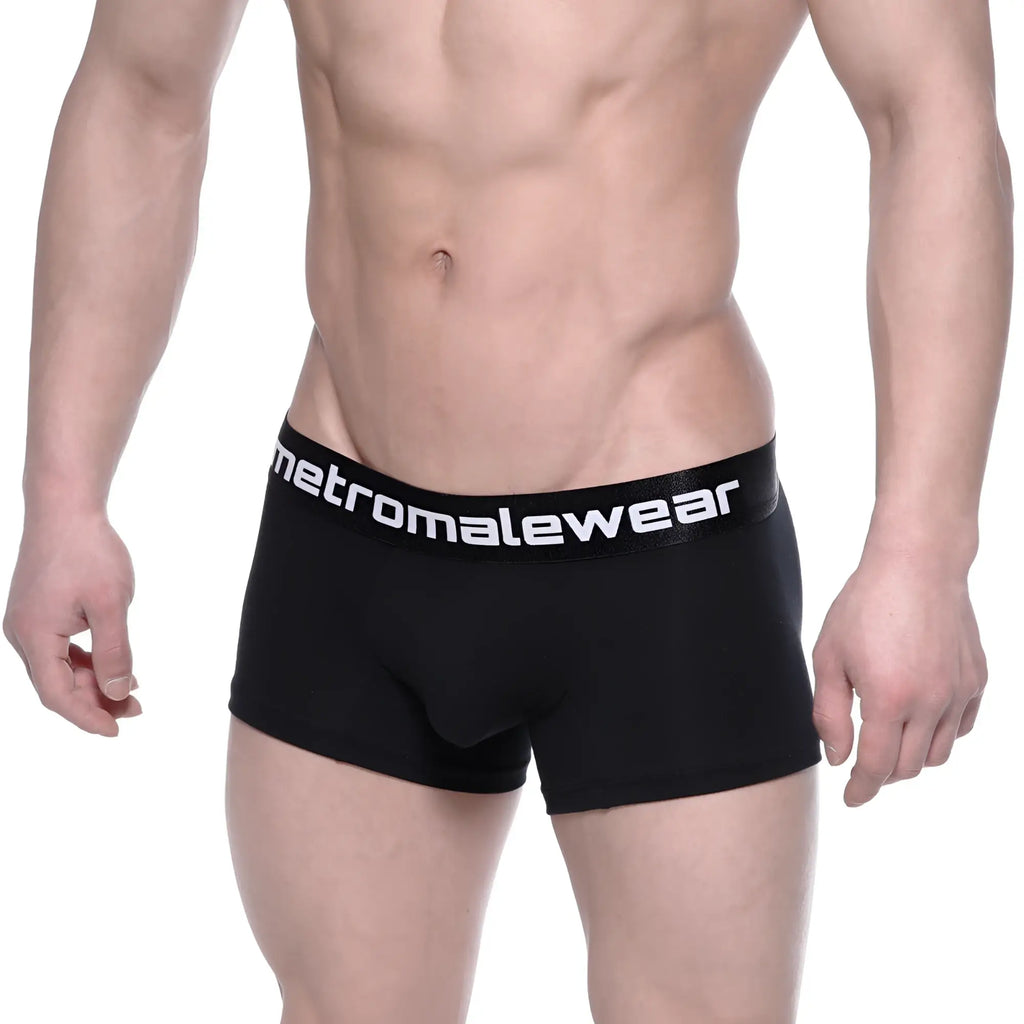 Black mens cotton short boxer briefs with a white metromalewear logo on the waistband intense 7 inch