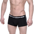 Black mens cotton short boxer briefs with a white metromalewear logo on the waistband intense 7 inch