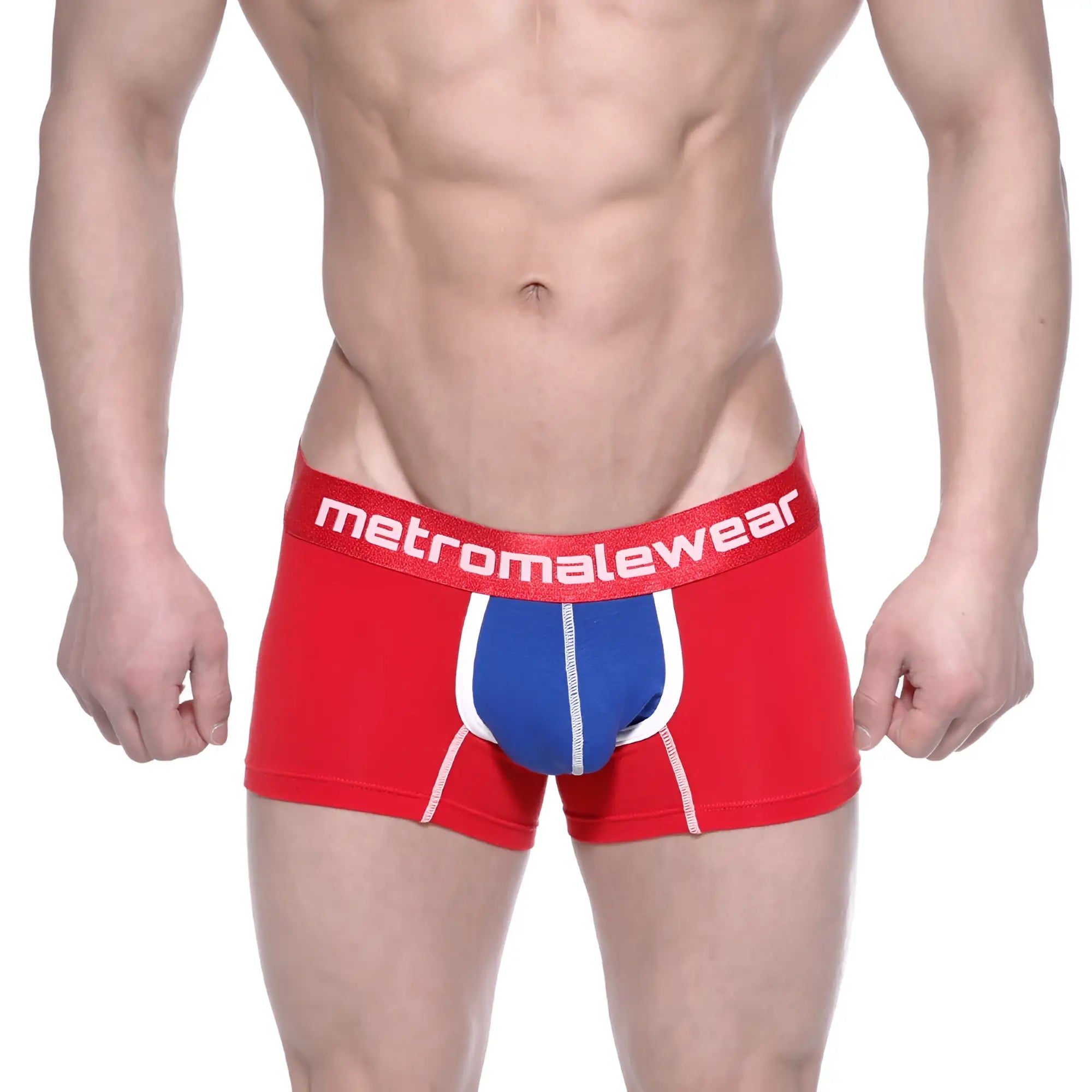 Red and blue cotton men’s boxer briefs with white trim and metromalewear logo on waistband metro male wear pixel 7 3022-76