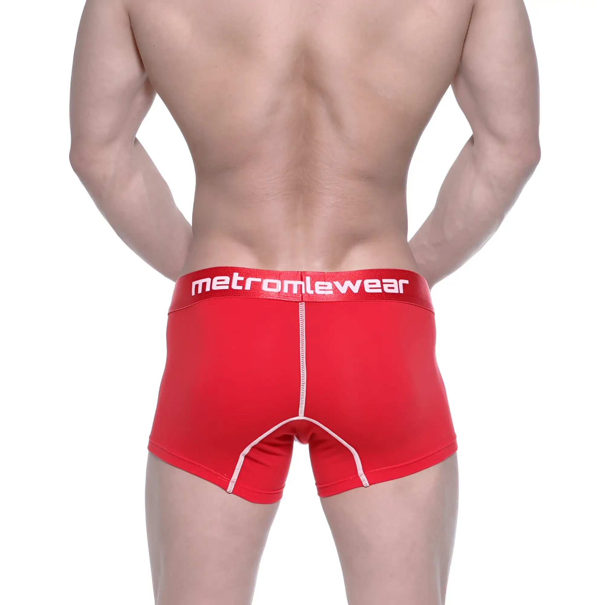Red MetroMaleWear cotton short boxer briefs with white stitching and branded waistband for comfortable daily wear