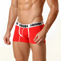 Red metro malewear cotton short boxer briefs with 7 inch inseam and white elastic waistband with black lettering