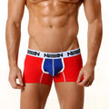 Red and blue metroMaleWear cotton short boxer briefs with 7 inch inseam and white waistband with miiow branding