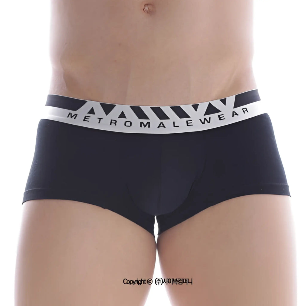 Black cotton metro male wear briefs with white elastic waistband logo and geometric triangle patterns 7 inch boxer