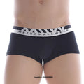 Black cotton metro male wear briefs with white elastic waistband logo and geometric triangle patterns 7 inch boxer