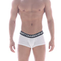White cotton metro male wear short boxer briefs with black elastic waistband and logo in white lettering