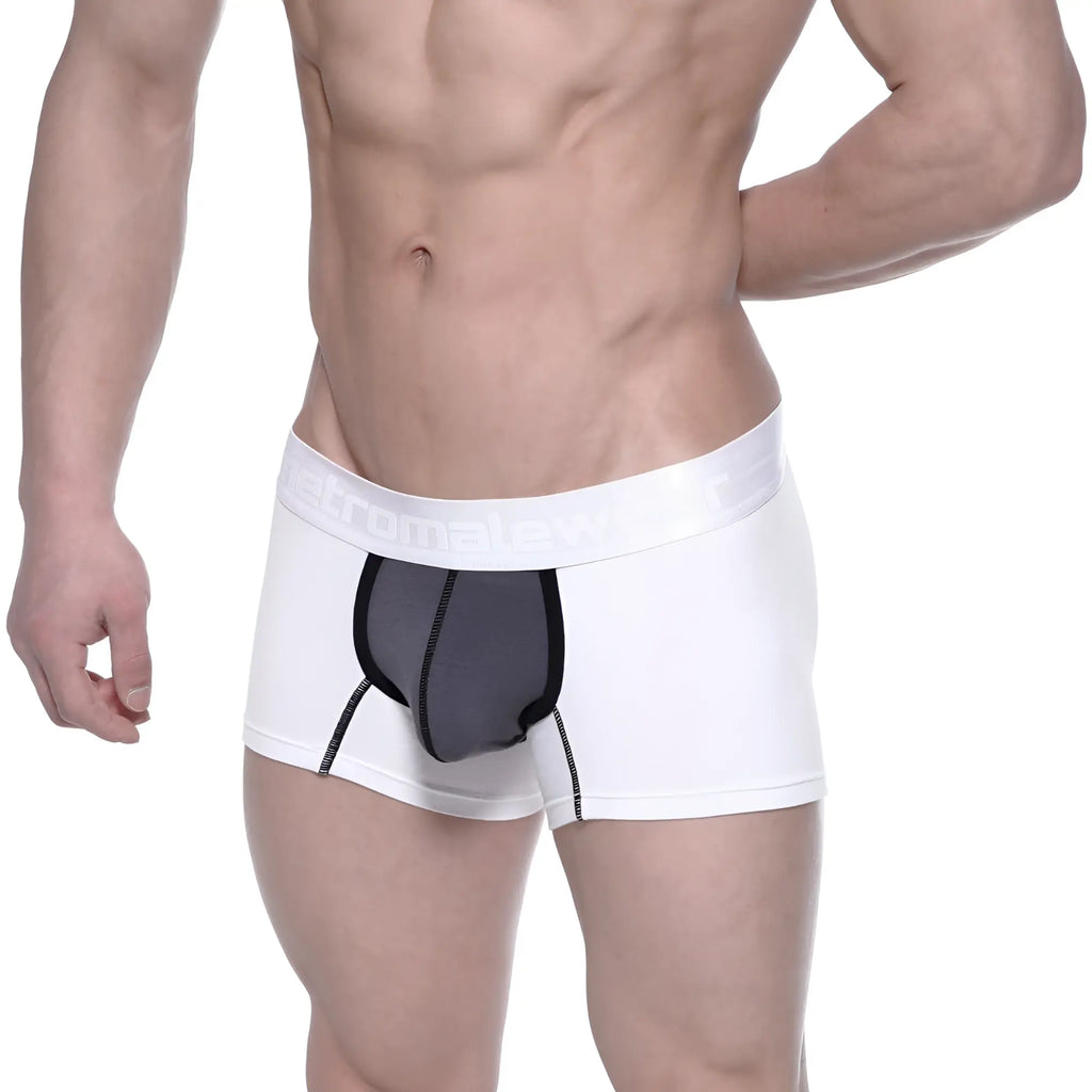 White metro male wear cotton short boxer with black mesh panel and elastic waistband featuring the brand name