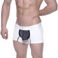 White metro male wear cotton short boxer with black mesh panel and elastic waistband featuring the brand name