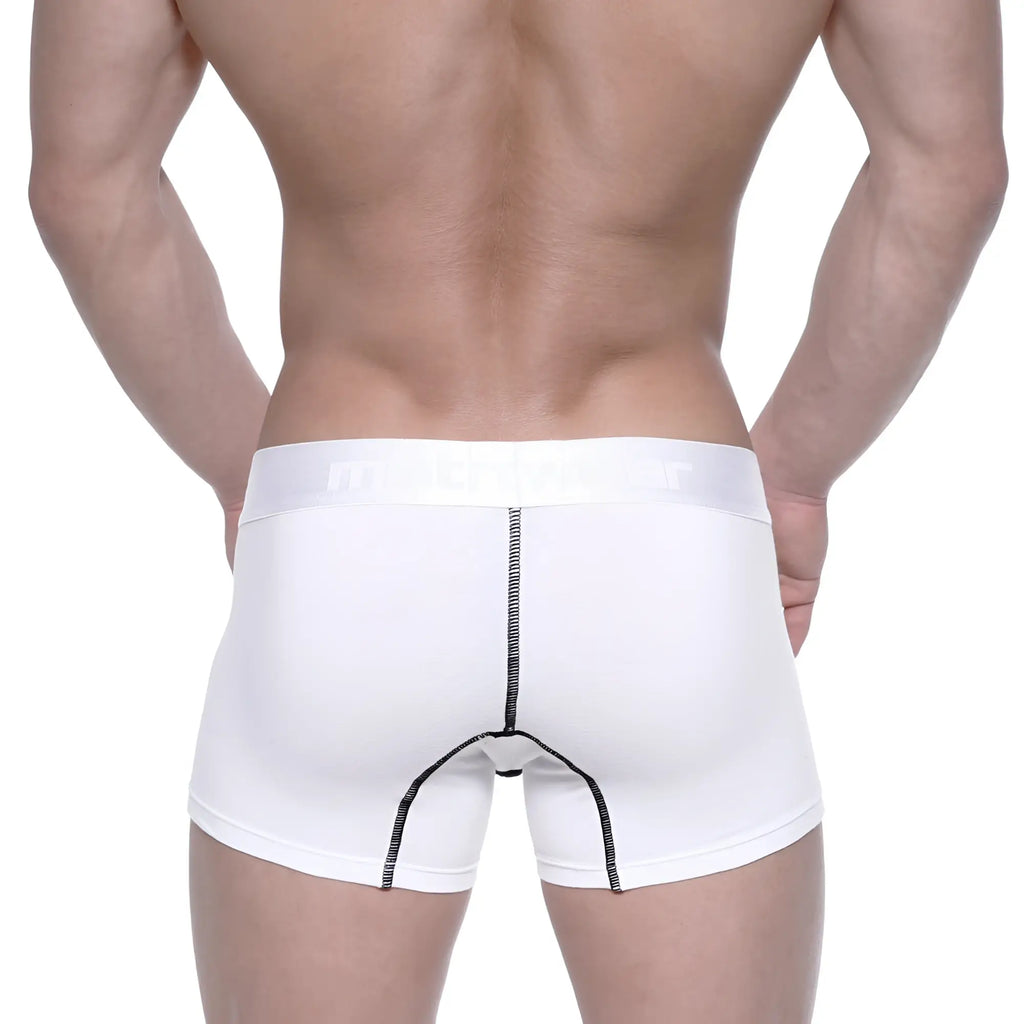 White mens cotton boxer briefs with black seam stitching and subtle logo on waistband metro male wear 3022-75