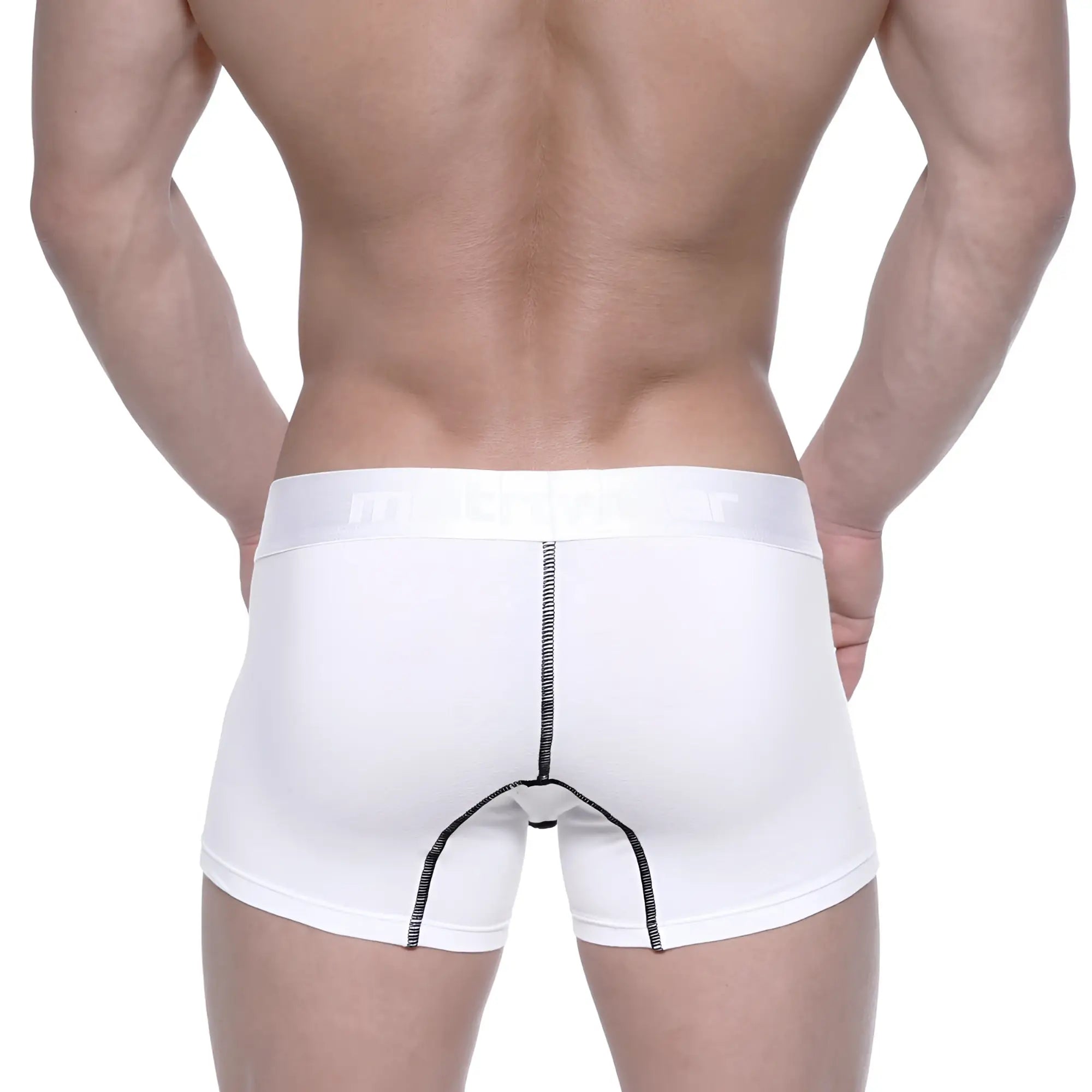 White mens cotton boxer briefs with black seam stitching and subtle logo on waistband metro male wear 3022-75