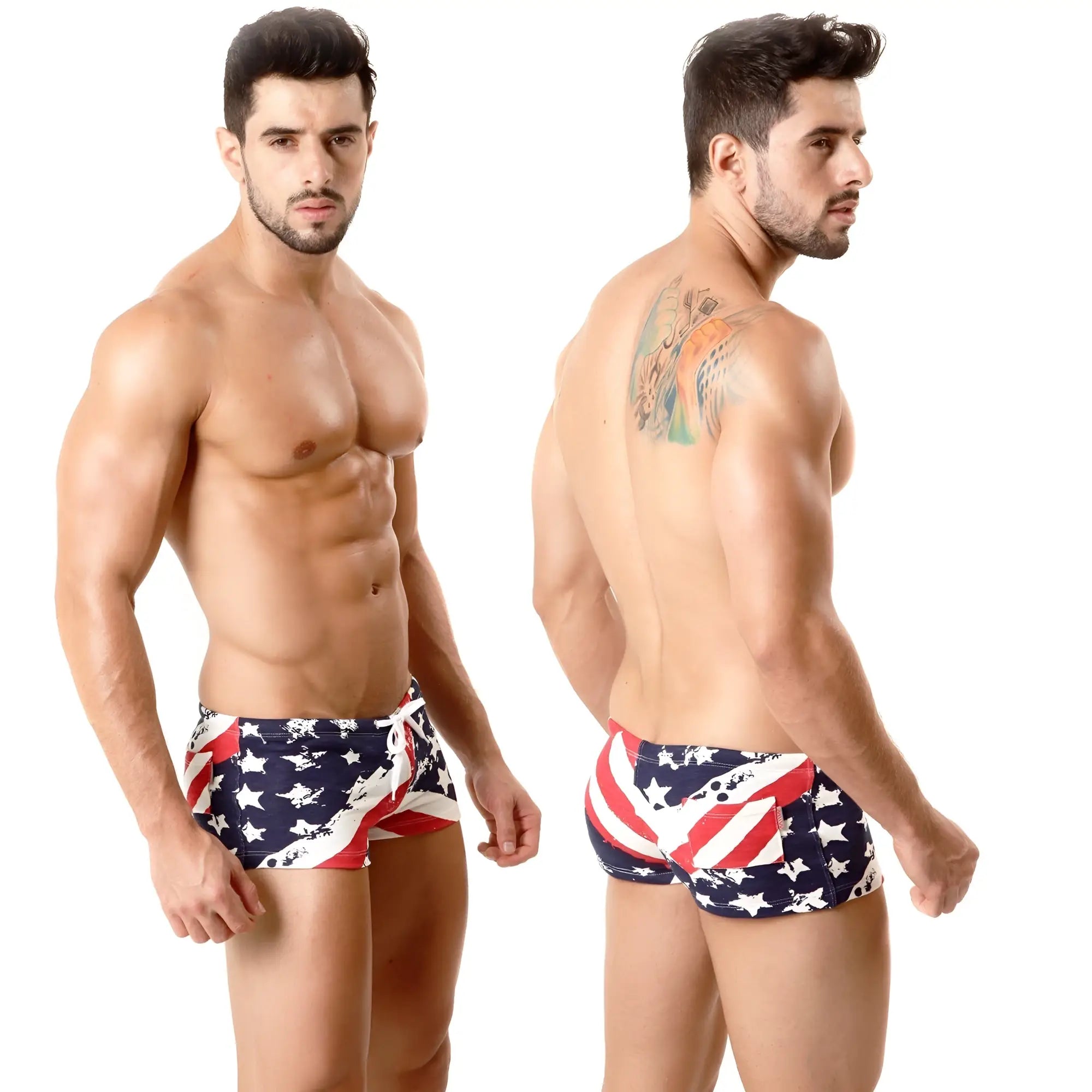 Men’s cotton swim trunks with american flag pattern by metromalewear ideal for patriotic summer wear