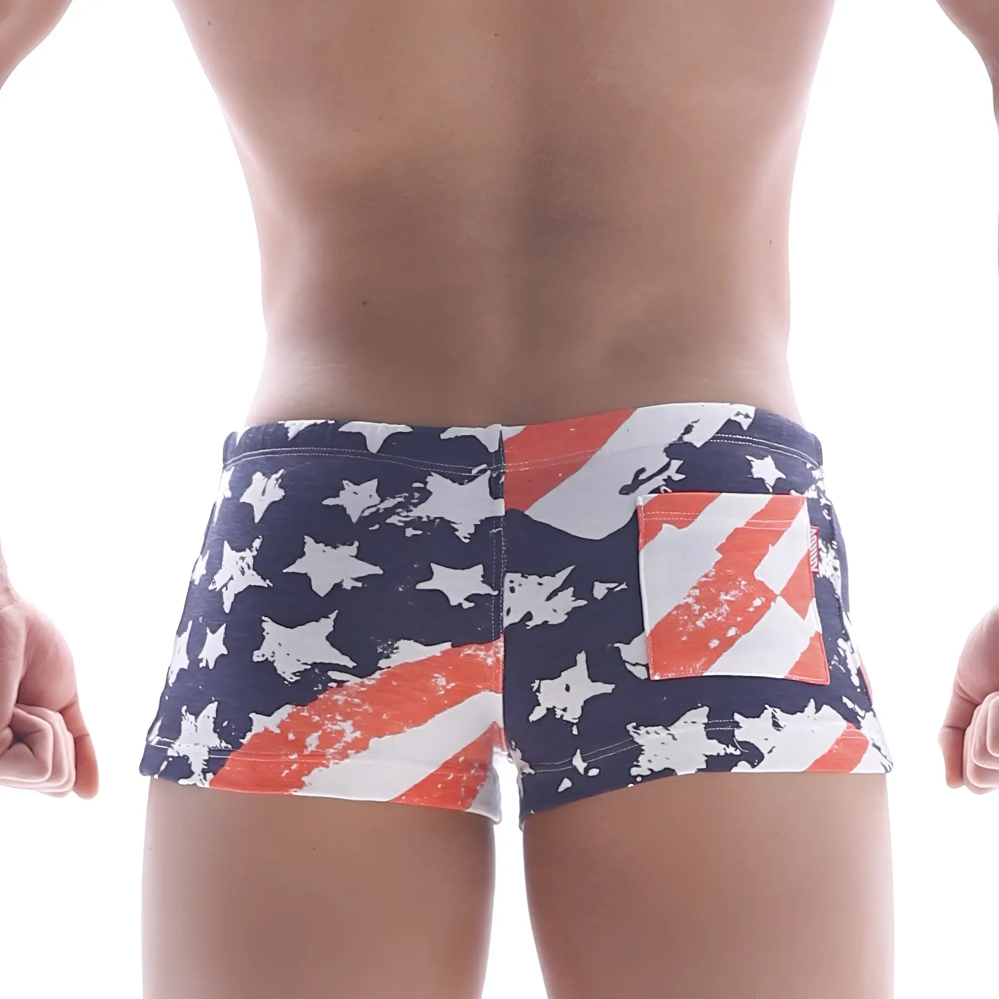 Metro malewear cotton short patriot orange 4702-92 american flag swim trunks with distressed navy blue stars and orange stripes