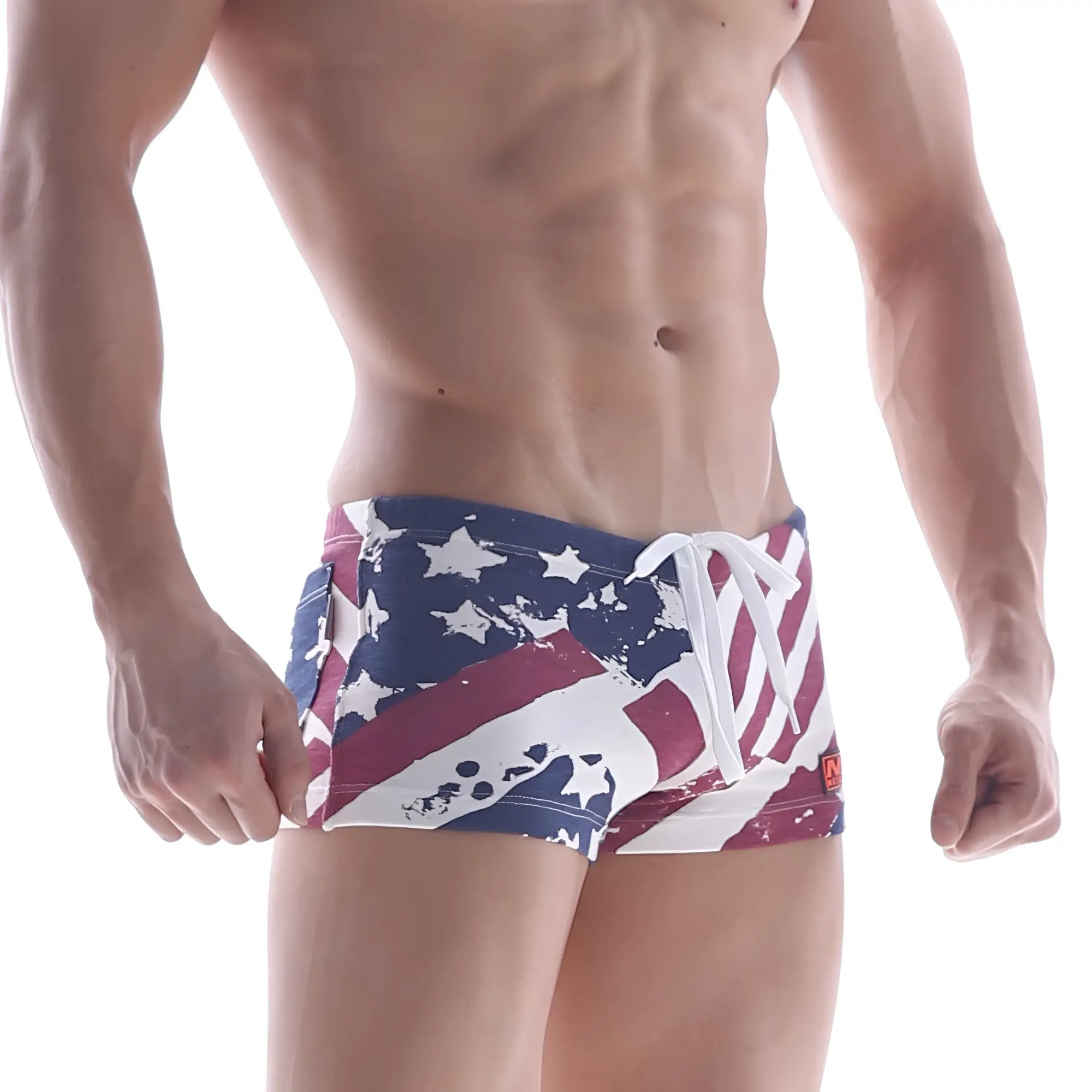 MetroMaleWear cotton swim trunks in red white and blue with a distressed American flag design patriot red 4702-91
