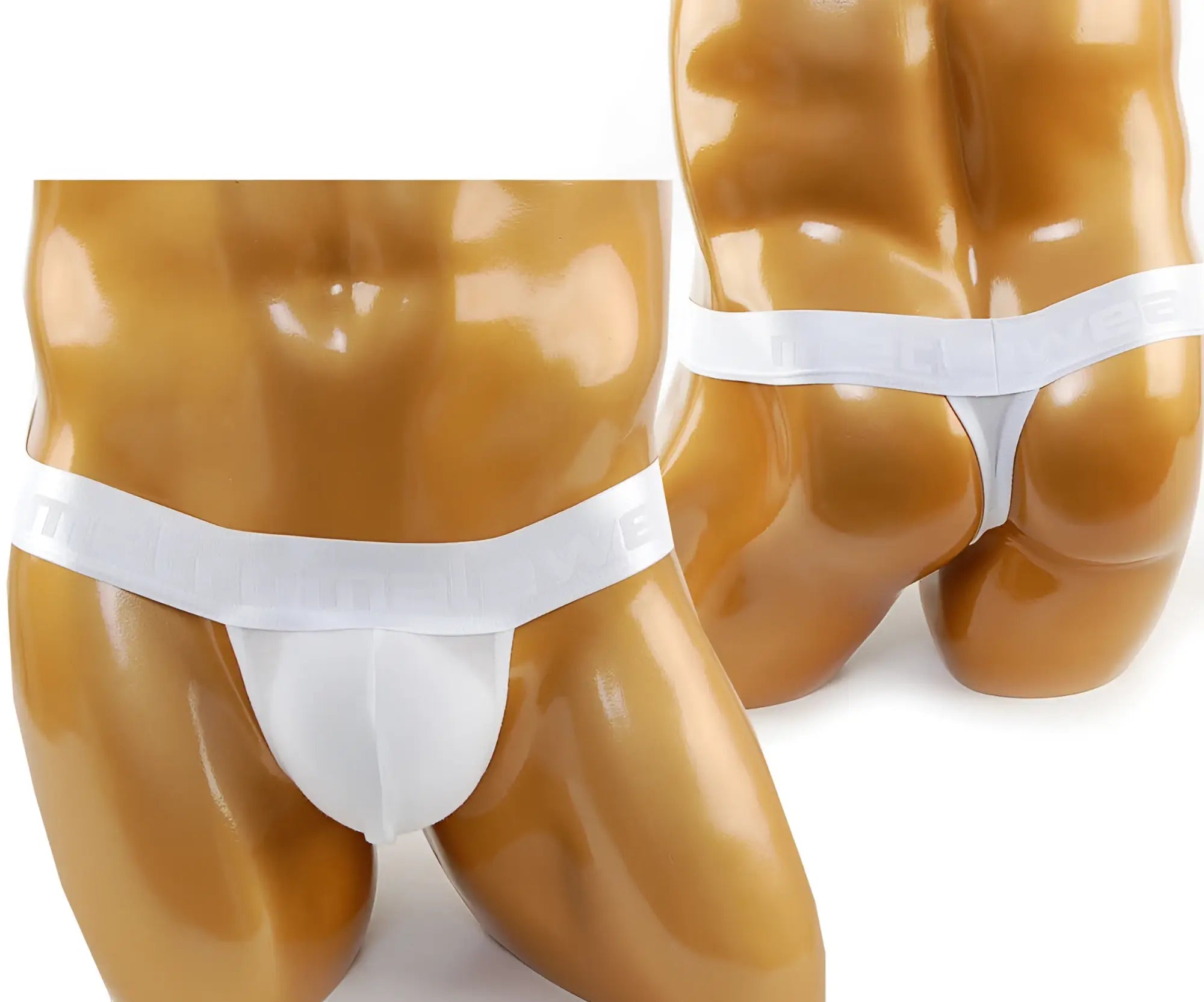 White thong underwear with wide elastic waistband and embossed lettering made of cotton by metromalewear