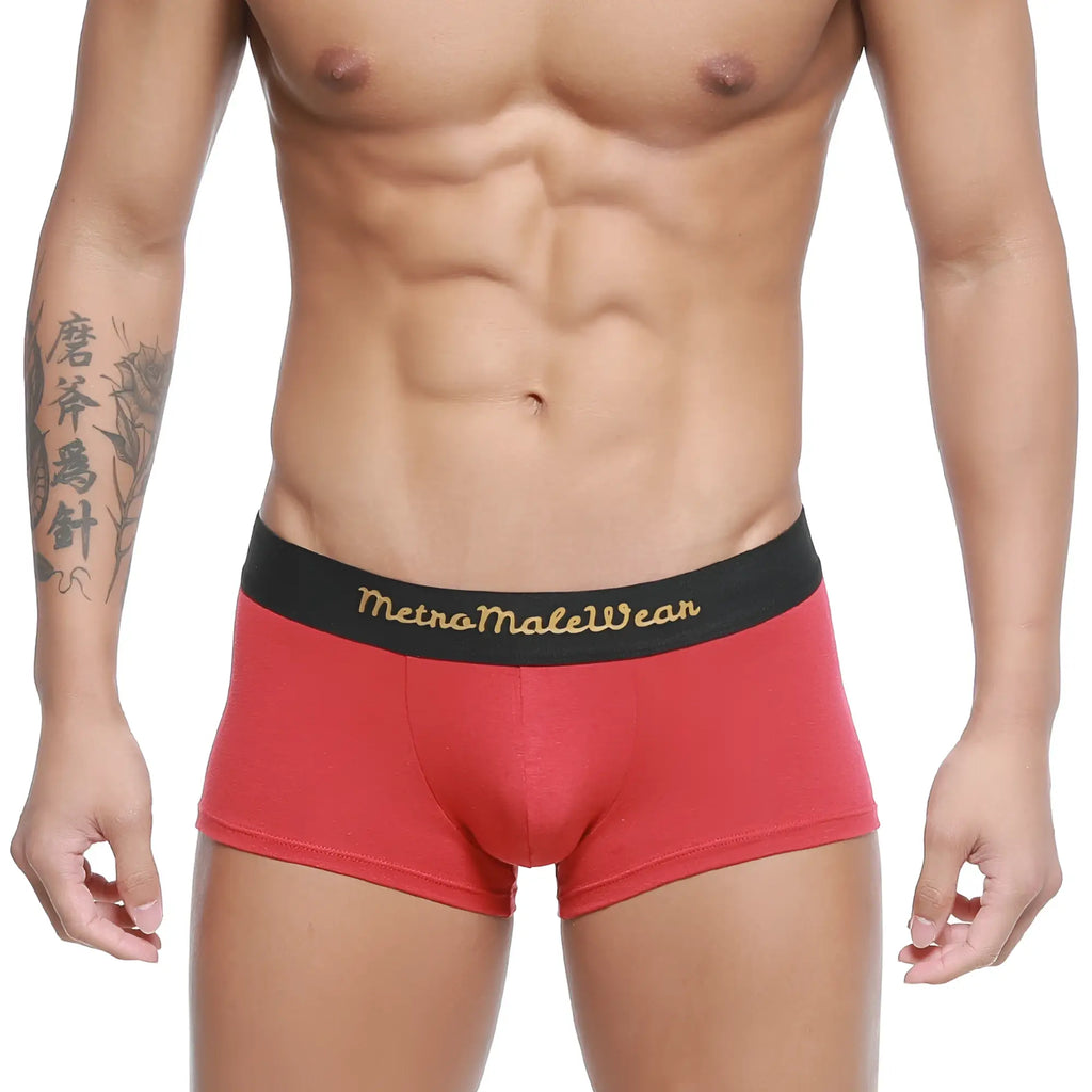 Red metroMalewear cotton briefs with a black waistband and gold lettering terracotta color trunk 2026-34