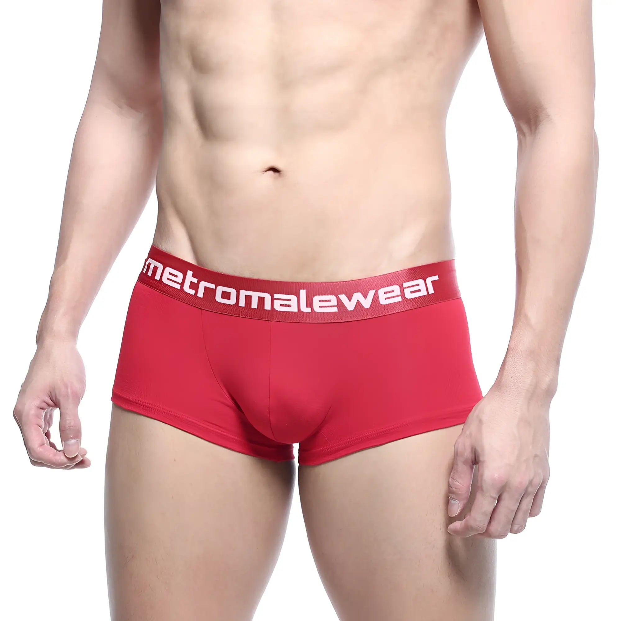 Red mens briefs with a white metromalewear logo on the elastic waistband metroalewear county trunk red 2026-12