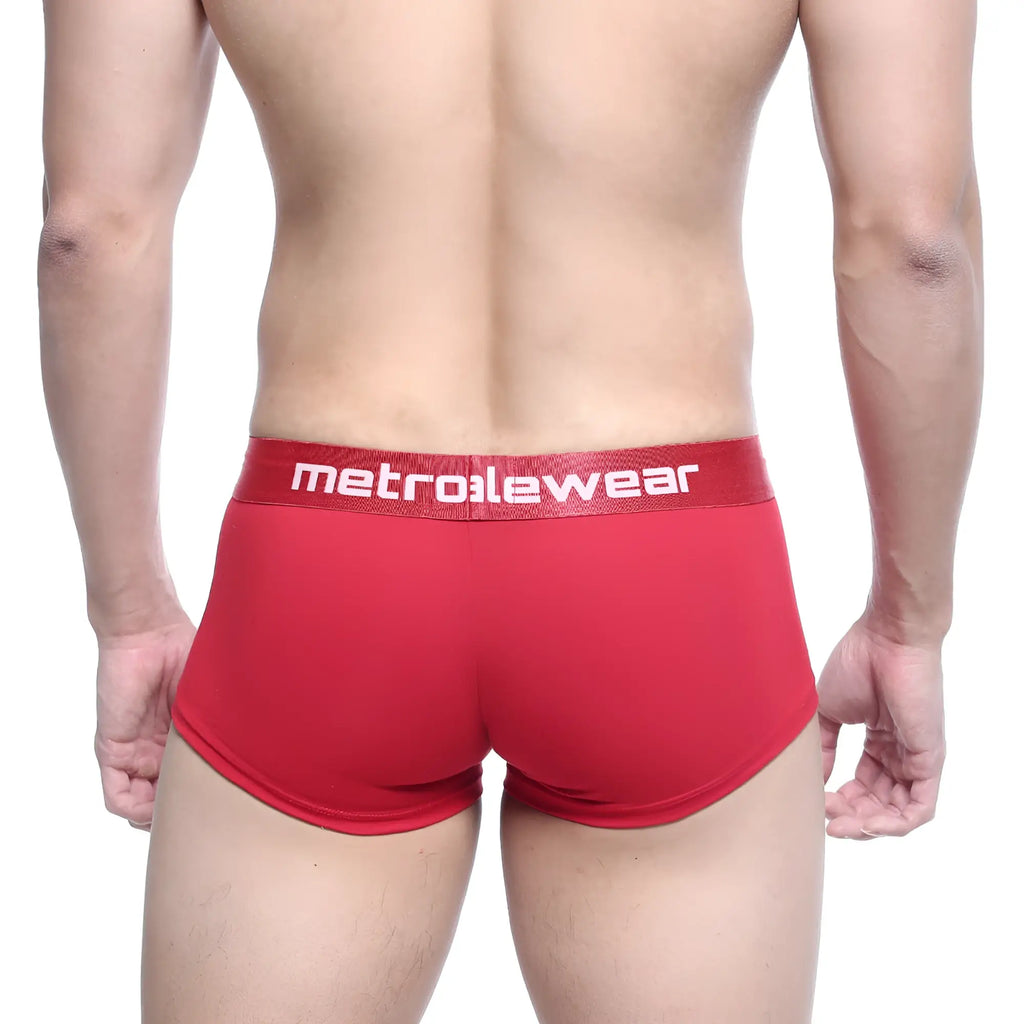 Red metro malewear briefs with textured fabric and white logo waistband for comfortable everyday wear