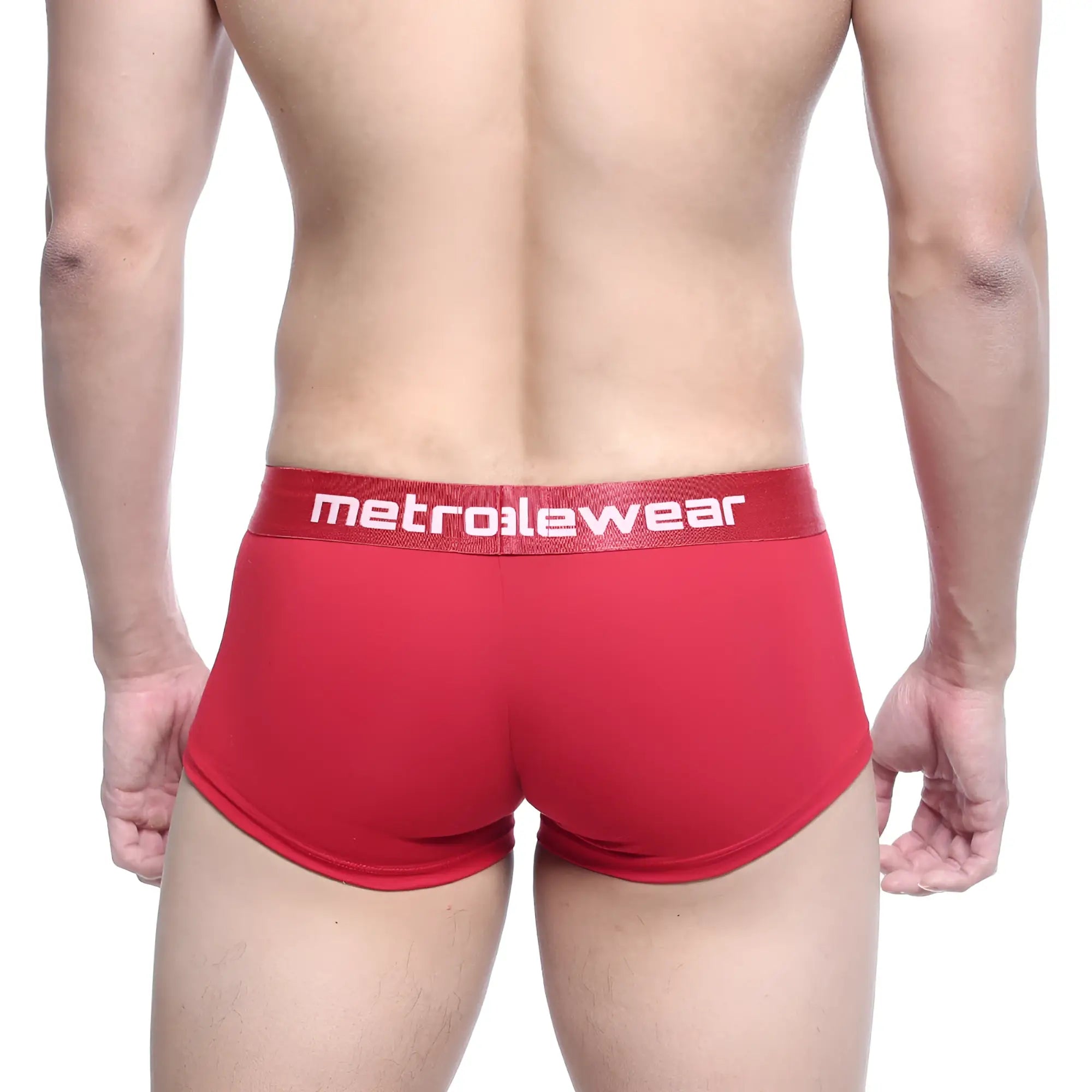Red metro malewear briefs with textured fabric and white logo waistband for comfortable everyday wear