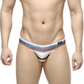 MetroMalewear crepas bikini 5103-27 men’s striped briefs in white gray blue and red with a mesh panel