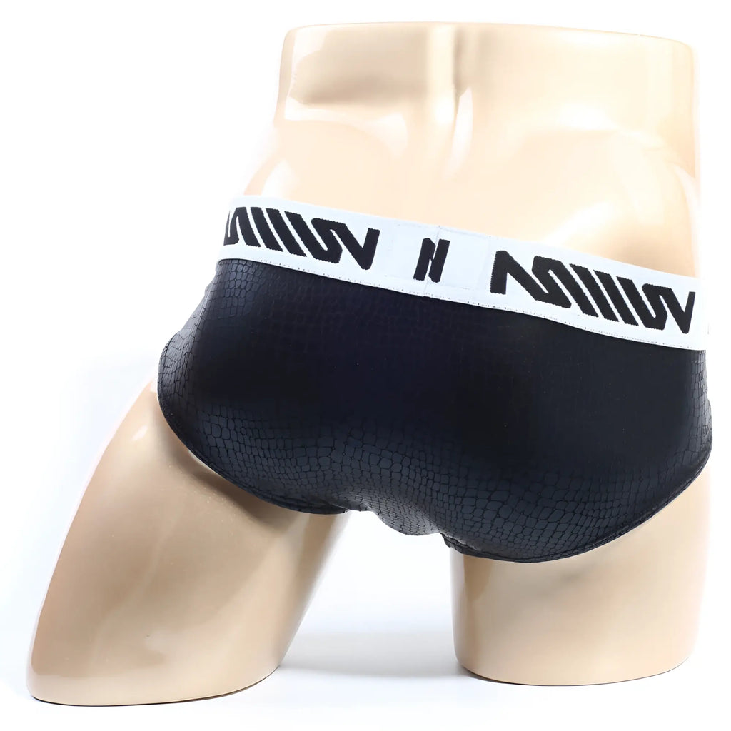 MetroMaleWear crocodile hip brief black textured fabric with white waistband and bold black lettering