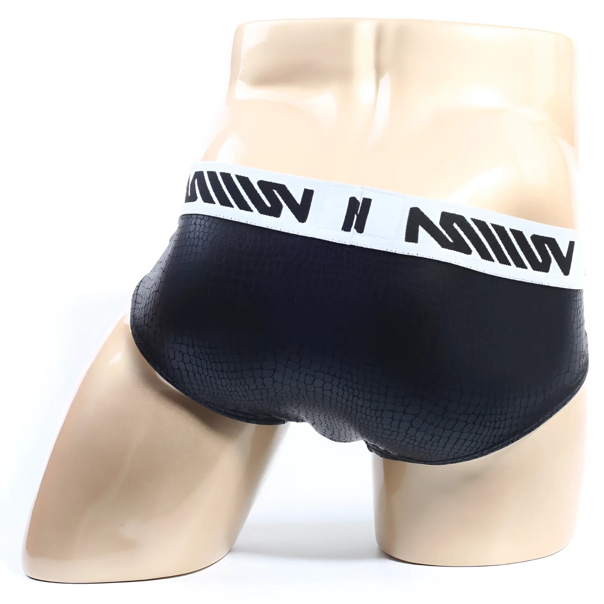 MetroMaleWear crocodile hip brief black textured fabric with white waistband and bold black lettering