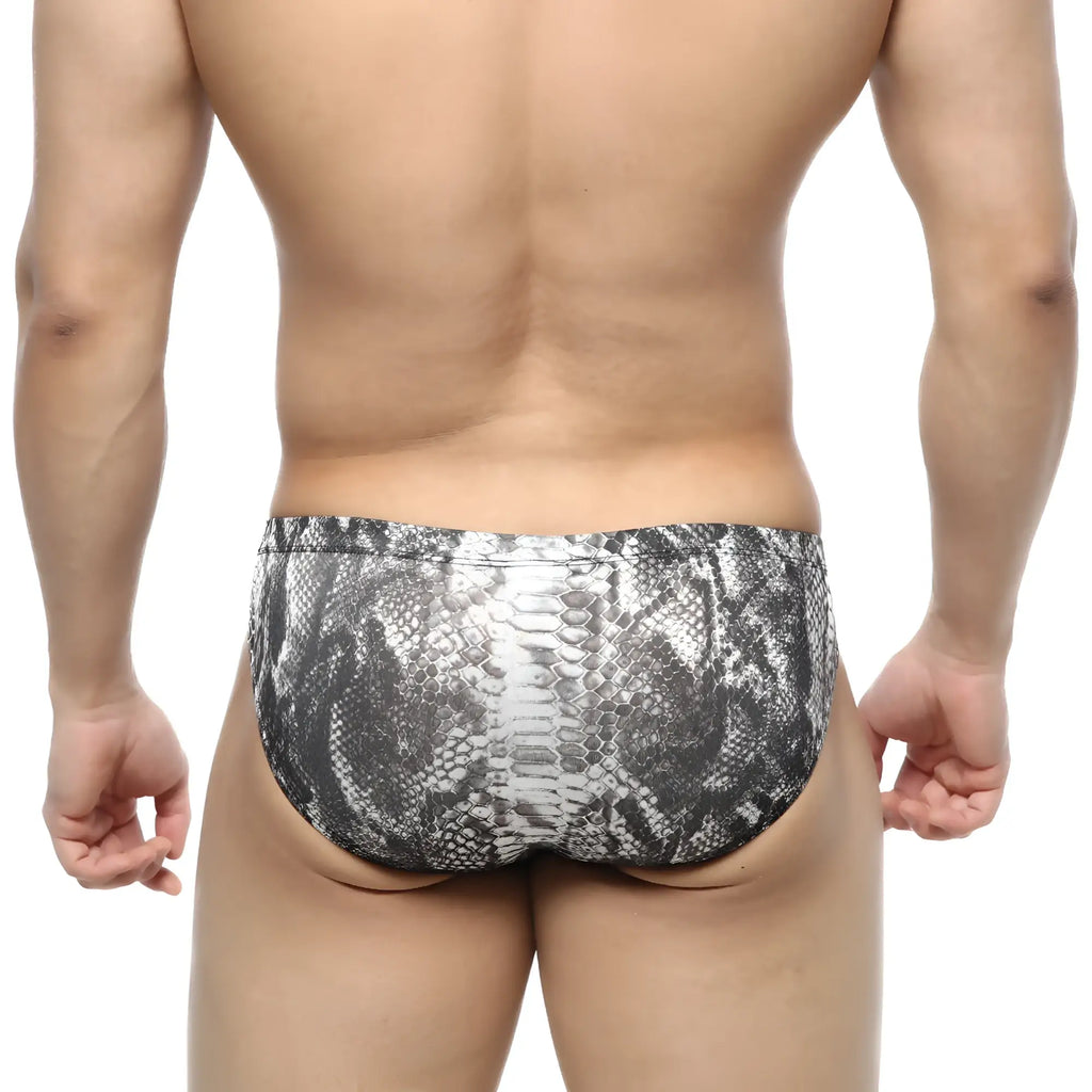 MetroMalewear culebra bikini 5103-84 black and silver snake-scale patterned swim trunks in sleek fabric