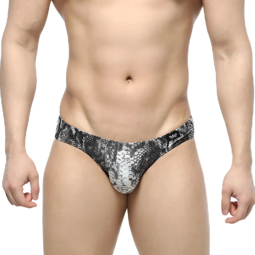 Black and white snake-skin patterned men’s briefs with sleek form-fitting design from MetroMaleWear Culebra Bikini 5103-84