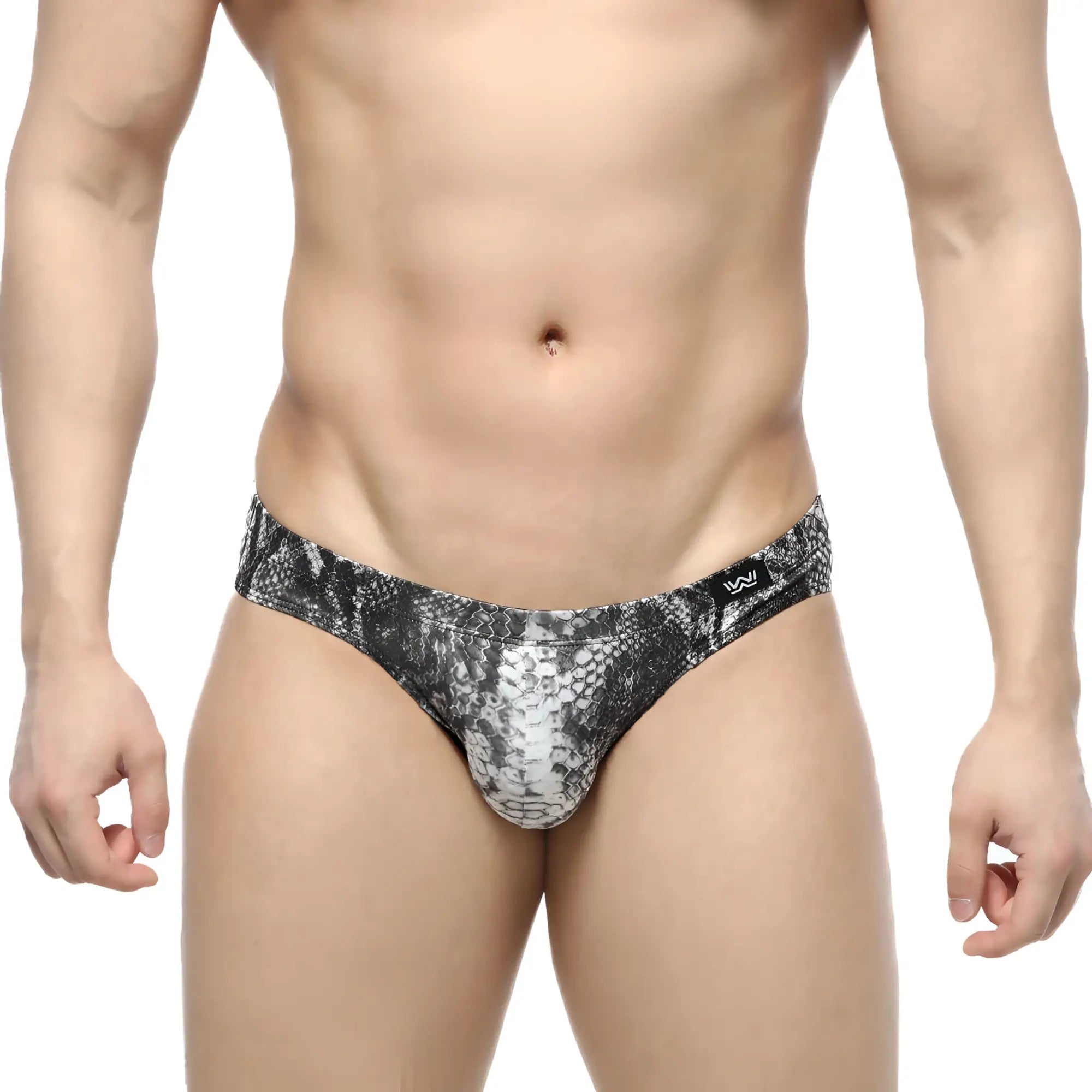 Black and white snake-skin patterned men’s briefs with sleek form-fitting design from MetroMaleWear Culebra Bikini 5103-84