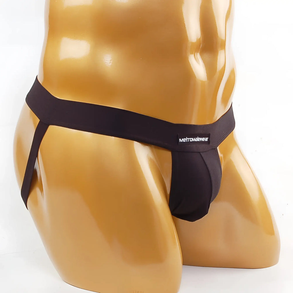 Black metromalewear cup jock strap thong made of smooth stretchy fabric with a sleek minimalist design shown from back