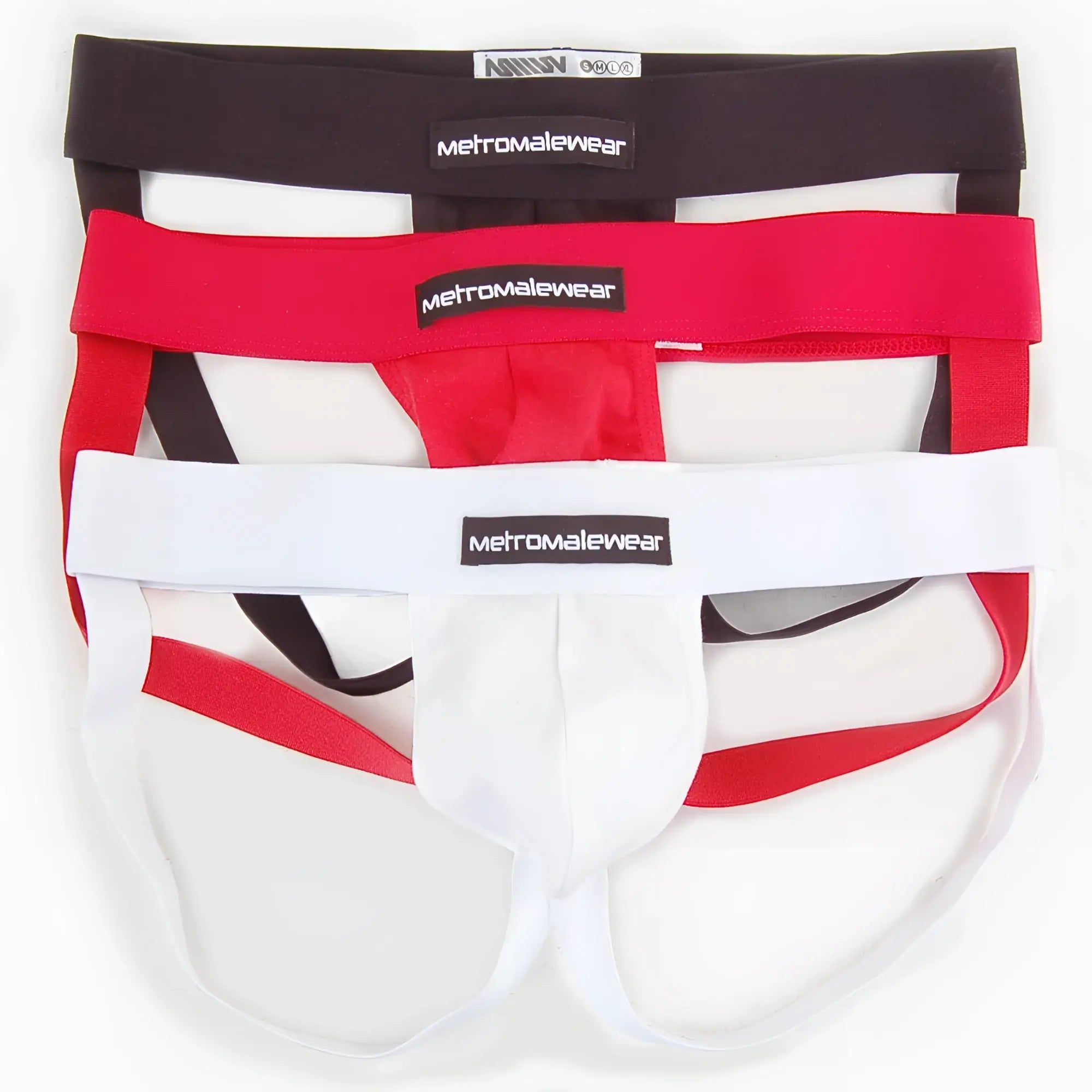 Set of three metromalewear cup jock strap briefs in black red and white for athletic support and comfort