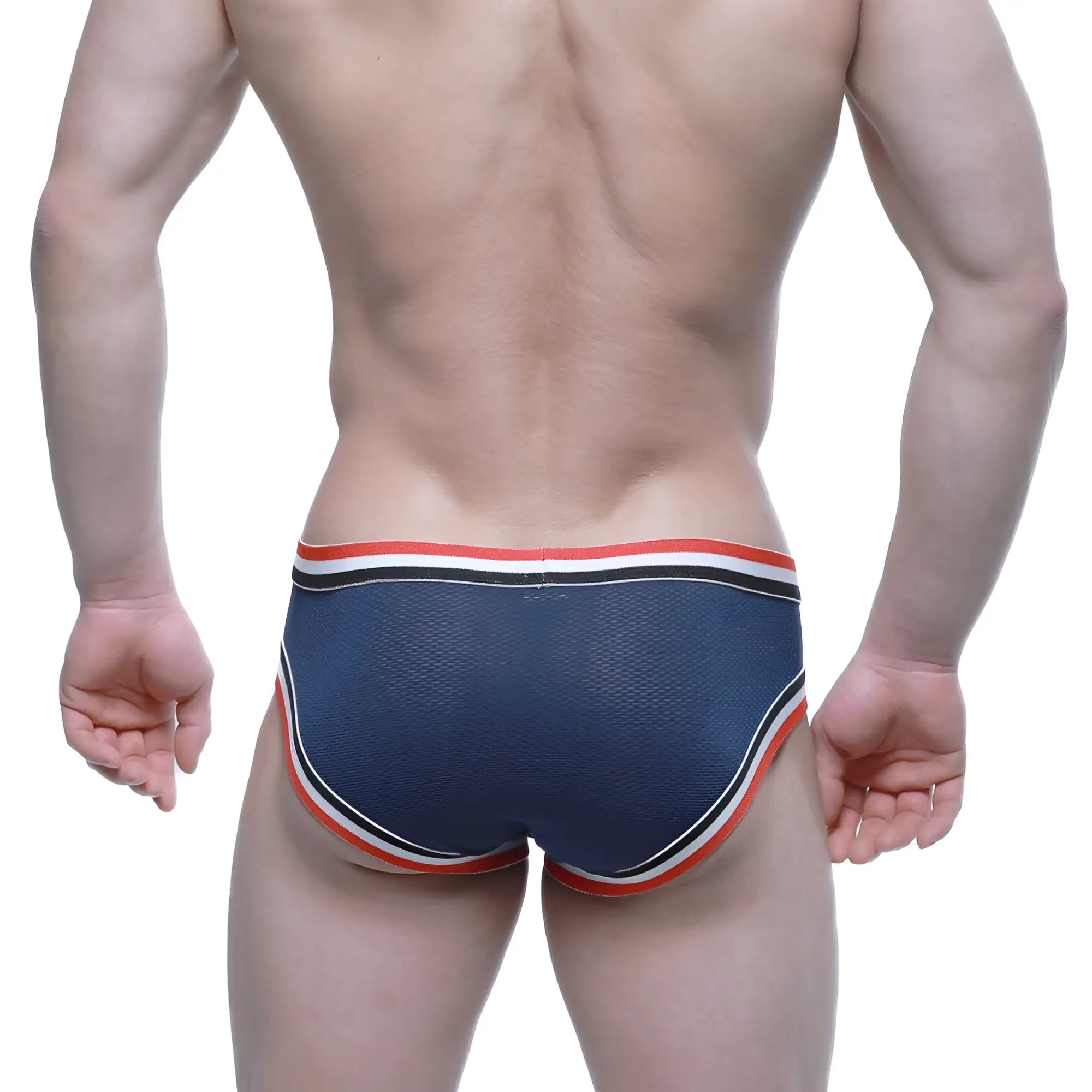 Navy blue mesh briefs with red white and black striped trim from metromalewear cupid bikini navy 6105-28