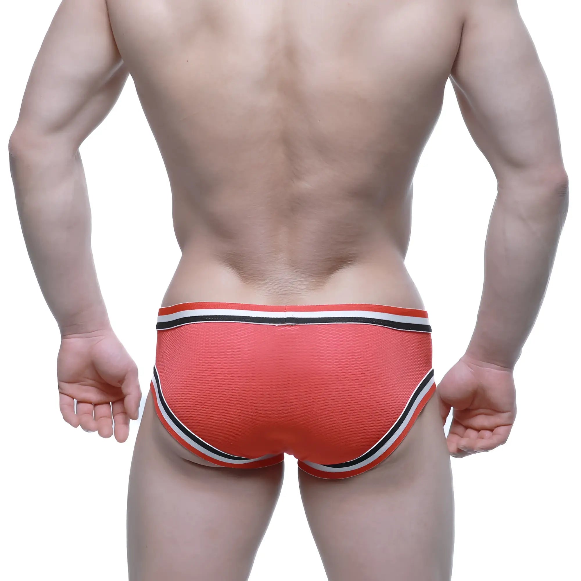 Metro male wear cupid bikini briefs in orange textured fabric with black and white striped trim for stylish comfort