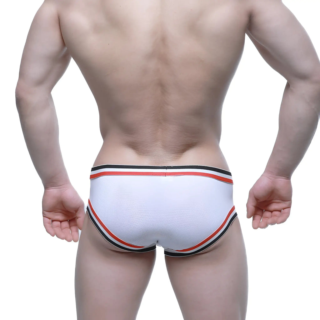 White athletic briefs with red and black striped trim by MetroMaleWear Cupid Bikini white 6105-01