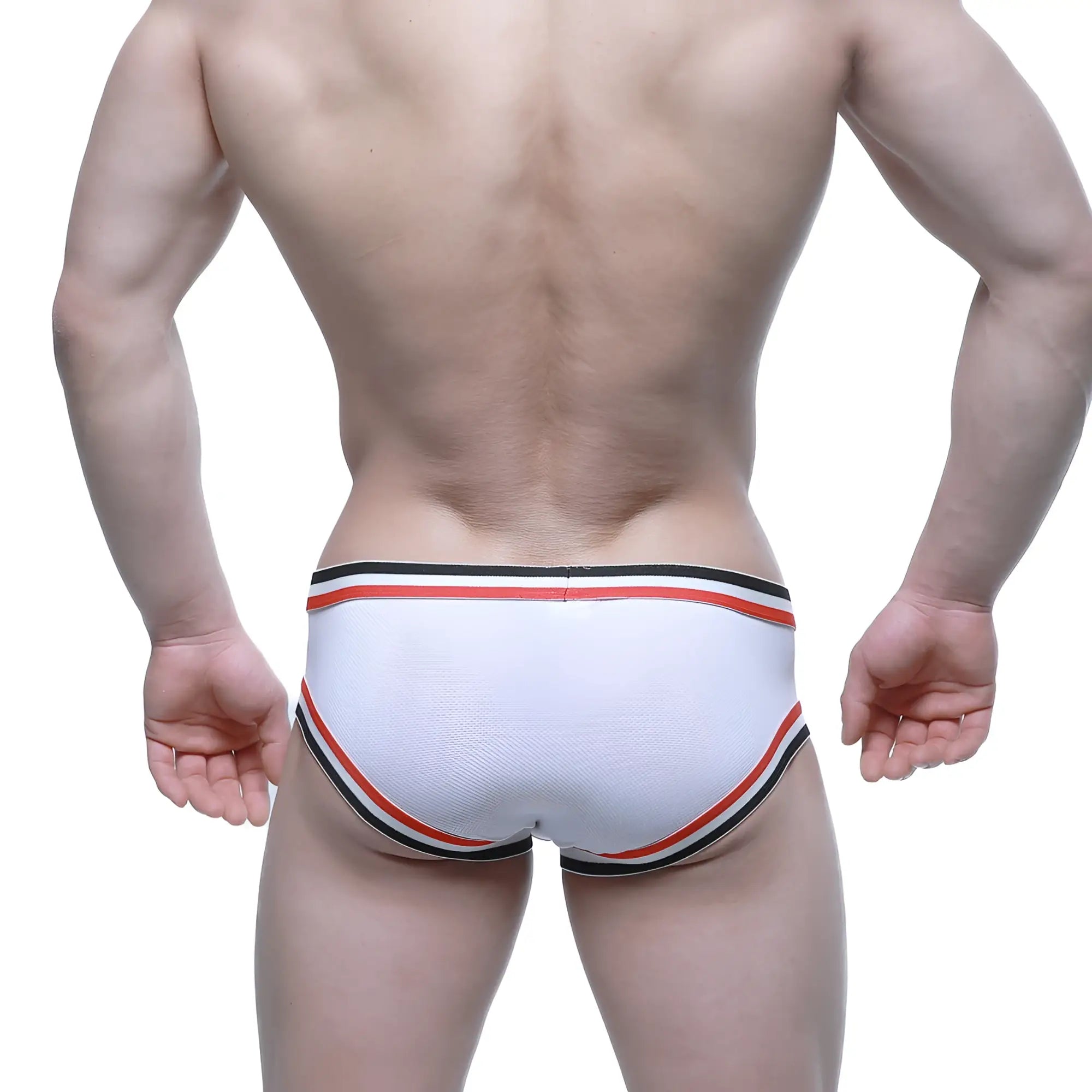 White athletic briefs with red and black striped trim by MetroMaleWear Cupid Bikini white 6105-01