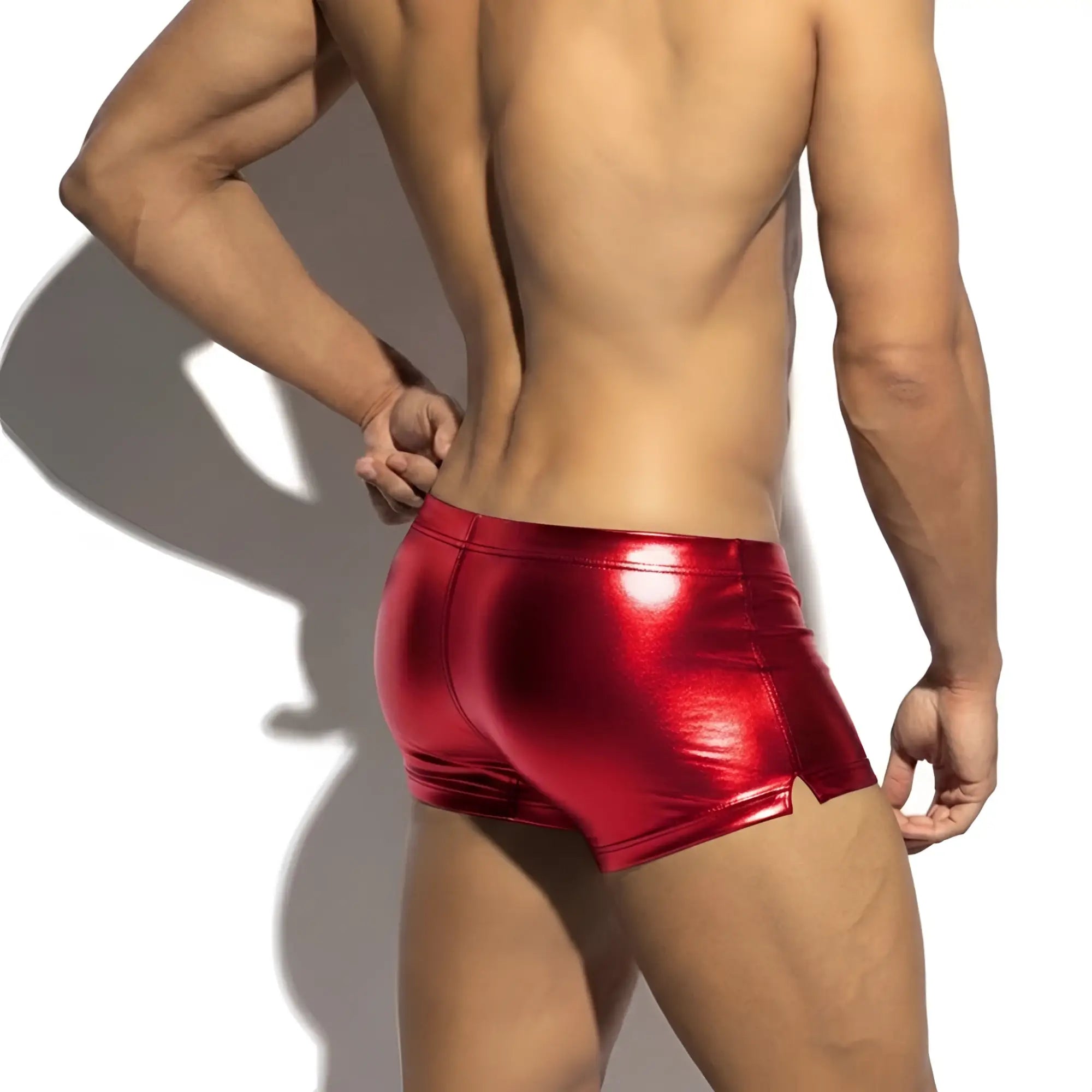Shiny red metallic metro malewear cyber boxer briefs with sleek form-fitting design for stylish menswear