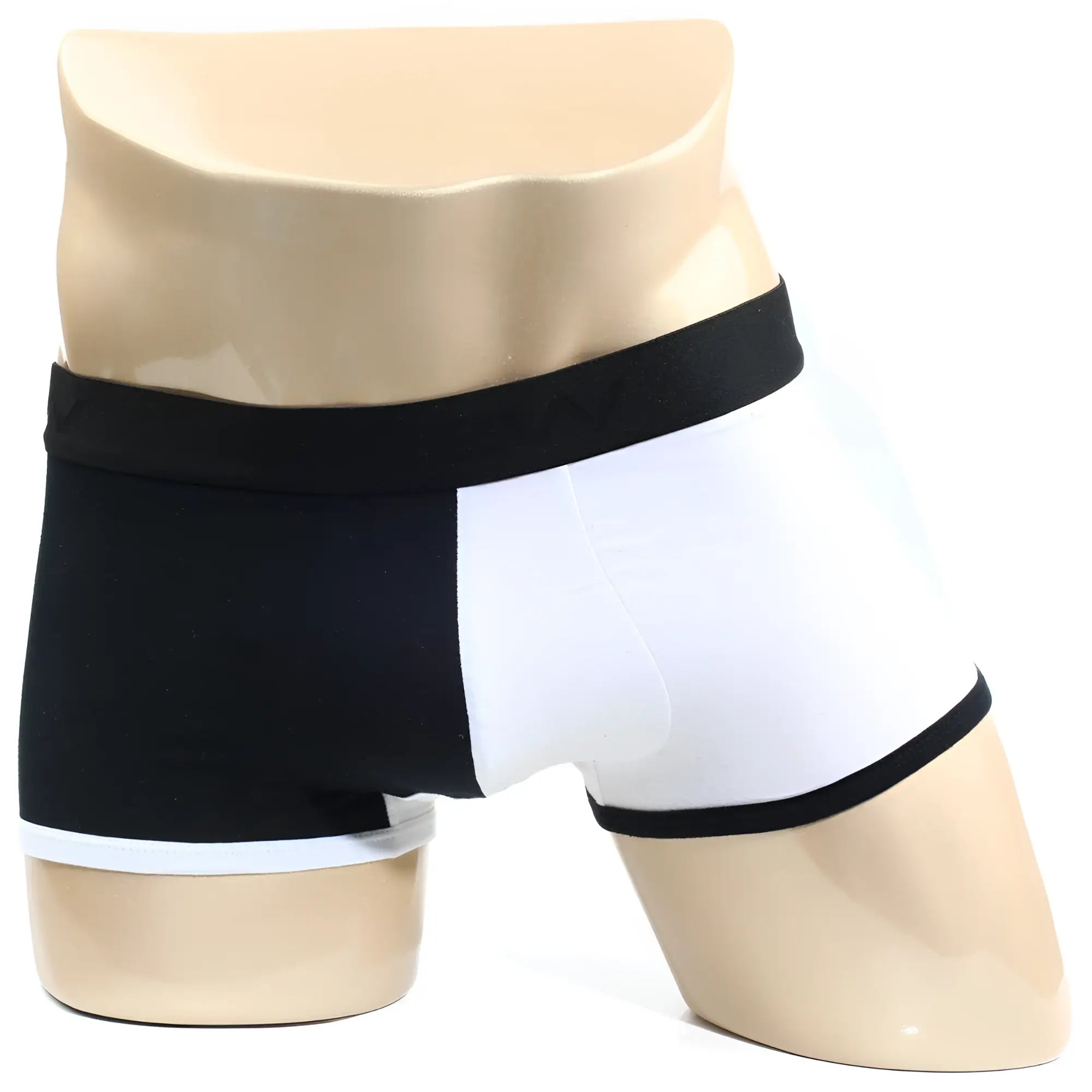 Black and white MetroMaleWear Daemon no show boxer briefs with bold two-tone design and matching elastic waistband
