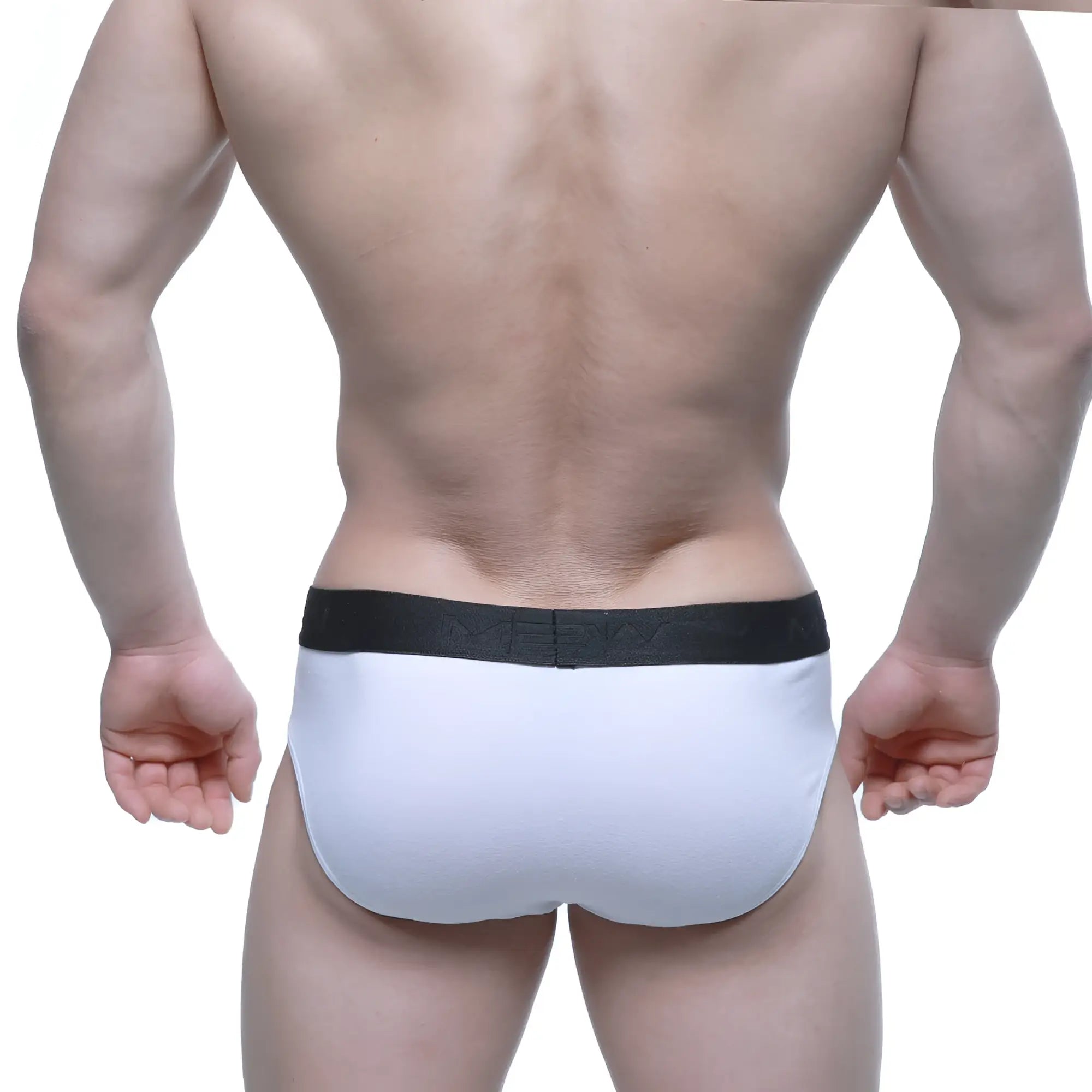 White briefs with black elastic waistband featuring nerdy branding from metromalewear daily brief 5003-01