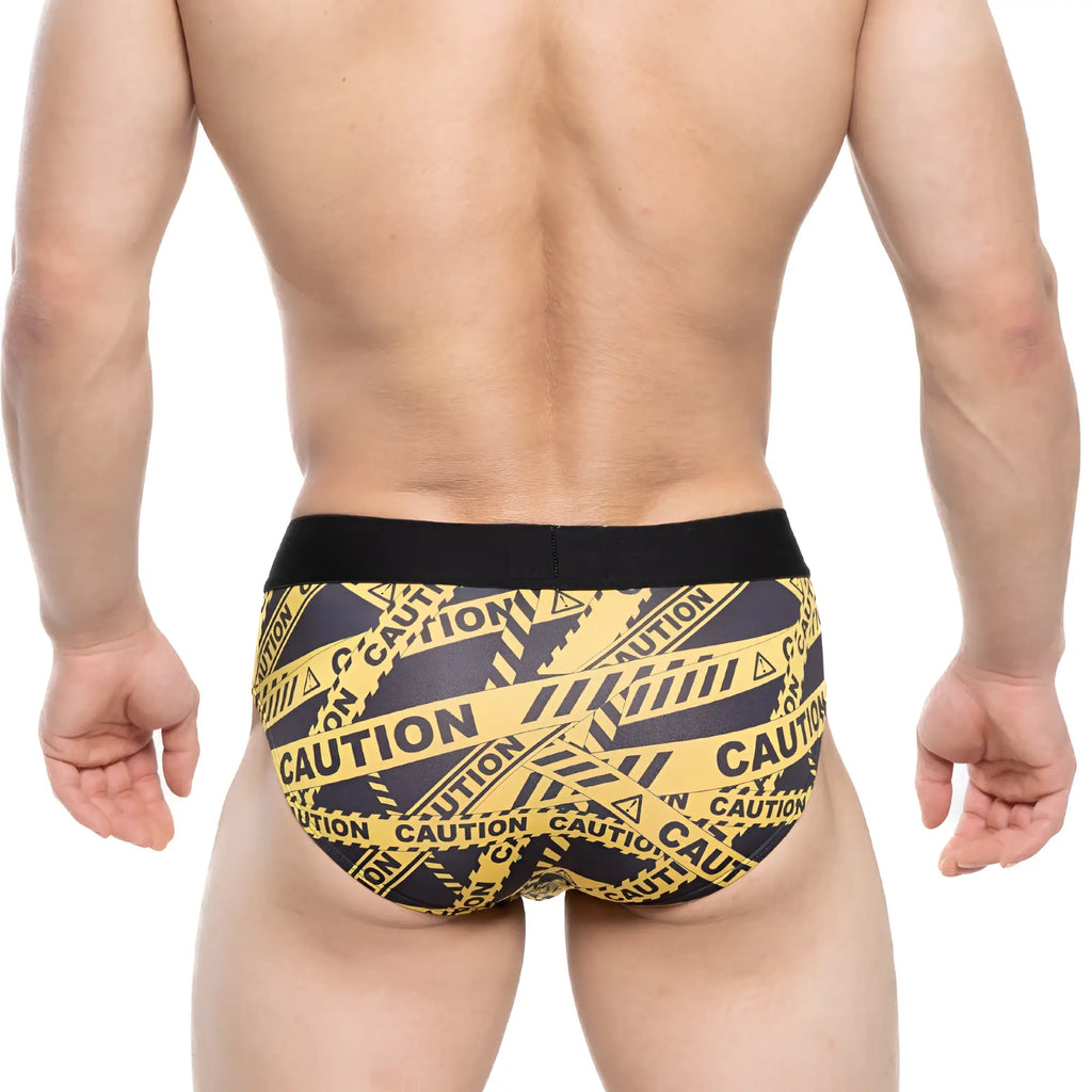 Metro malewear danger brief black 5003-66 yellow and black caution tape patterned briefs with solid black waistband